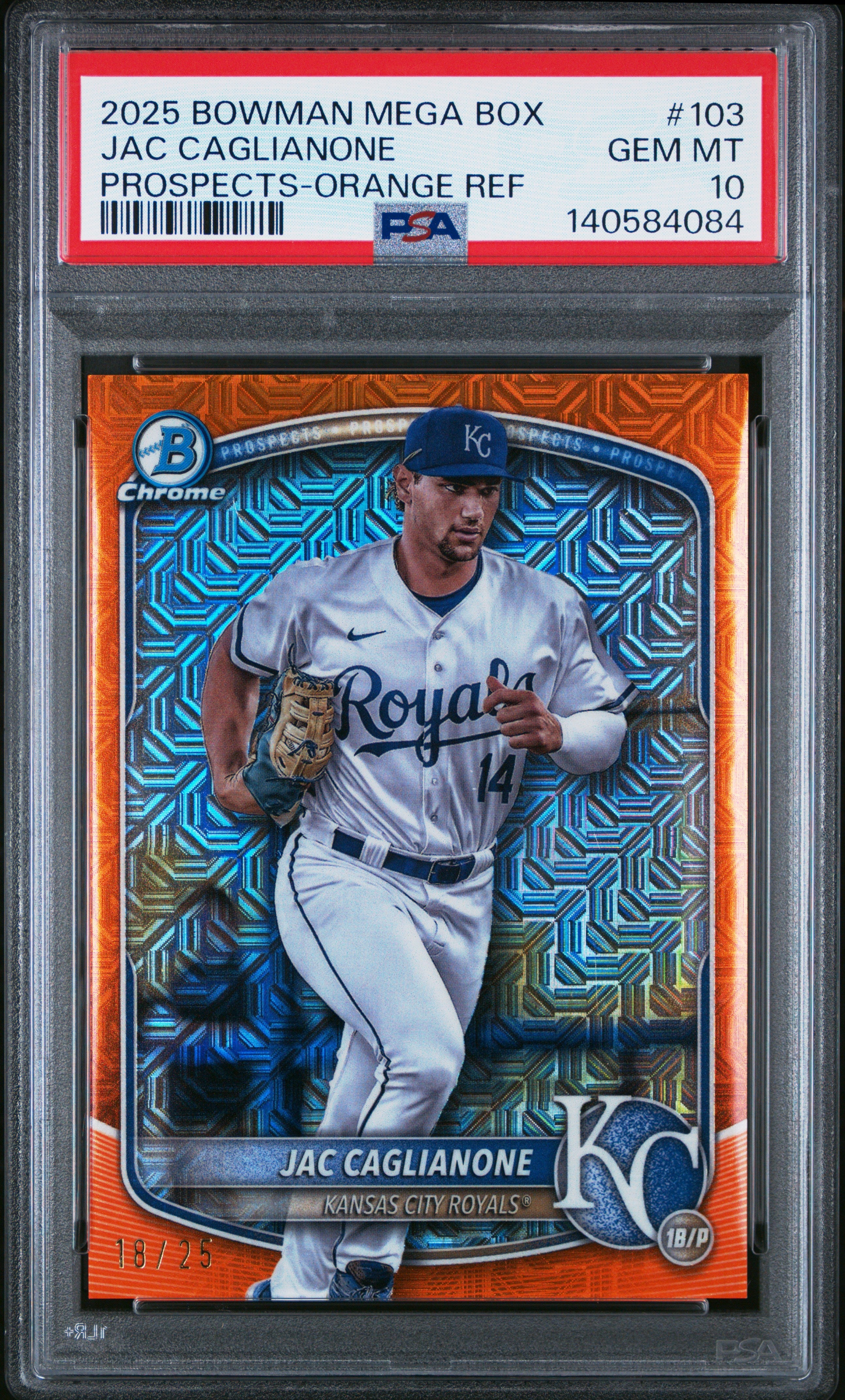 2025 Bowman Mega Box Chrome Jac Caglianone Prospect Orange Refractor PSA 10