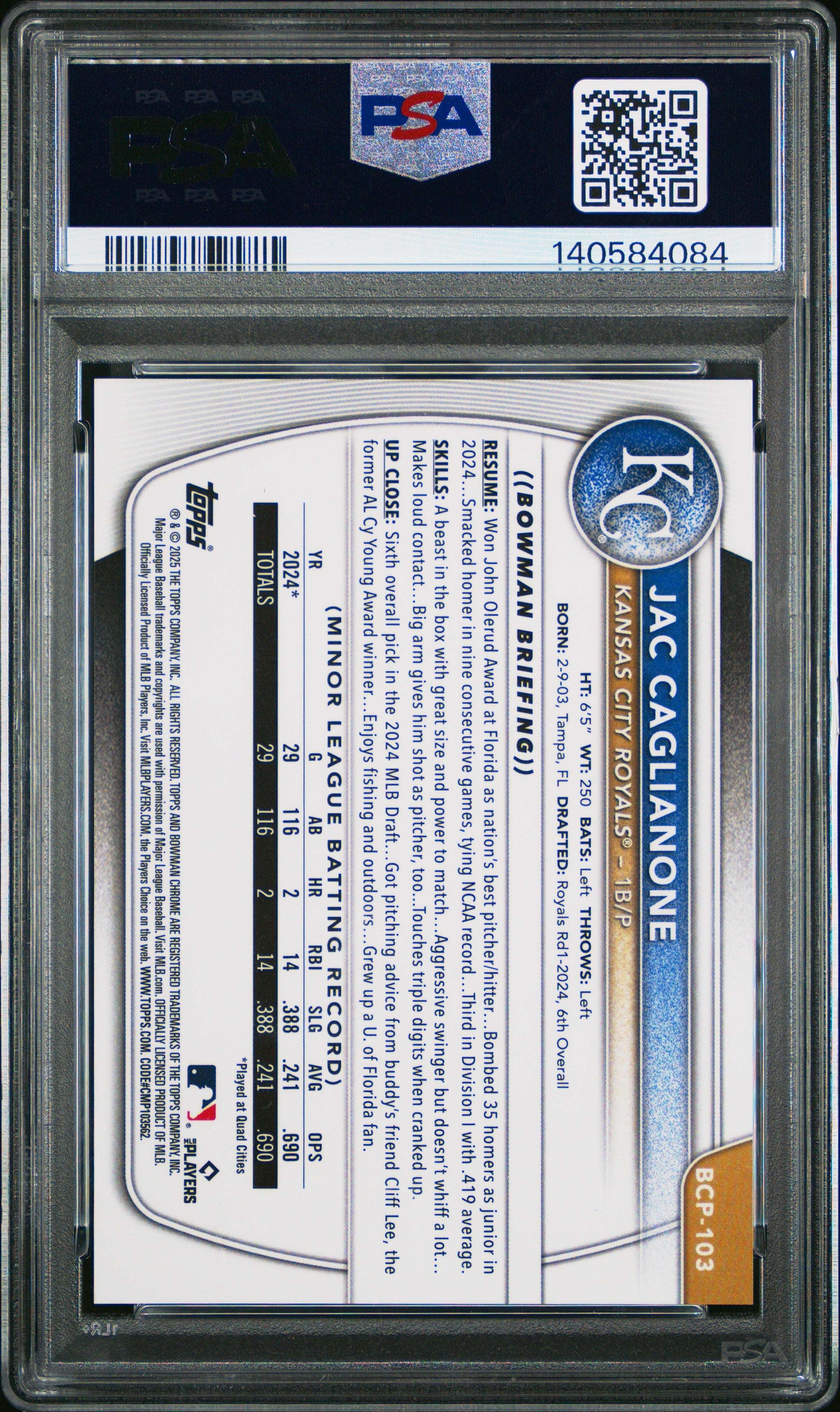2025 Bowman Mega Box Chrome Jac Caglianone Prospect Orange Refractor PSA 10