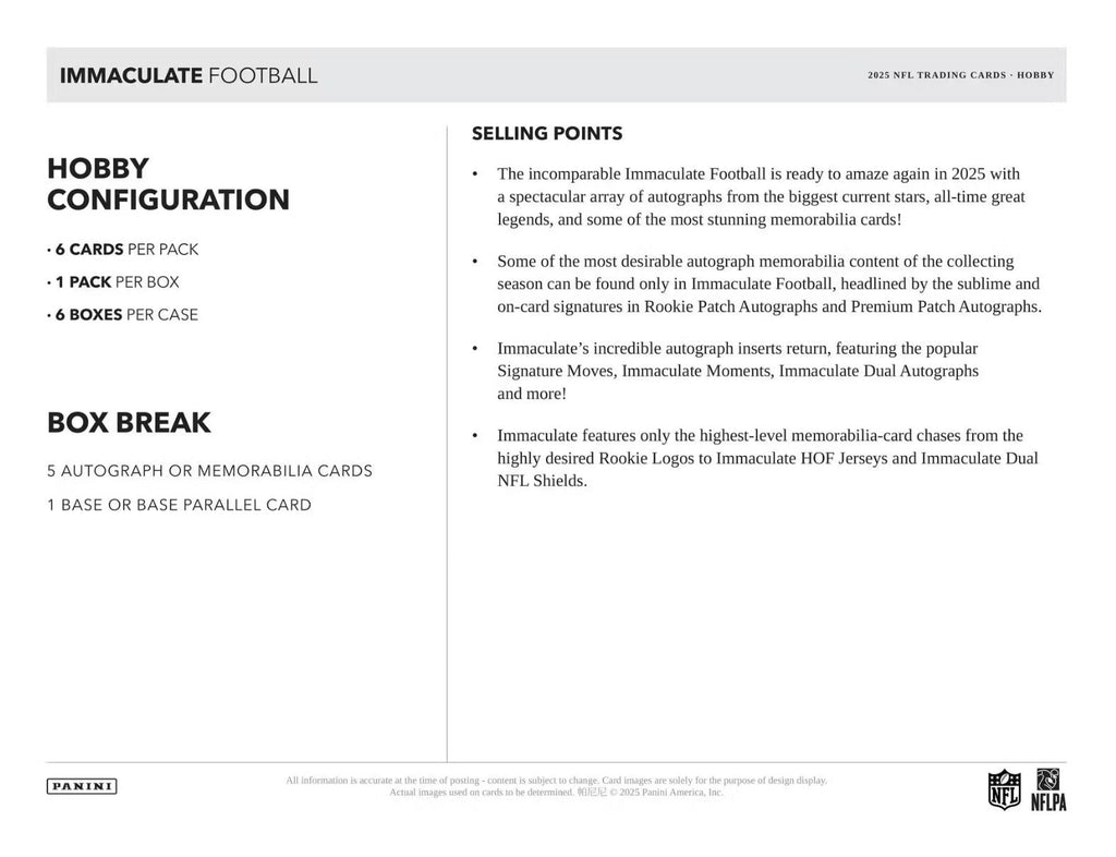2025 Panini Immaculate Football Hobby Box