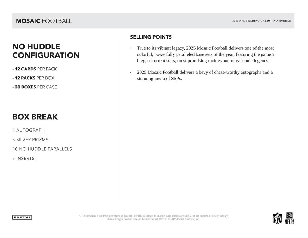 2025 Panini Mosaic Football No Huddle Hobby Box