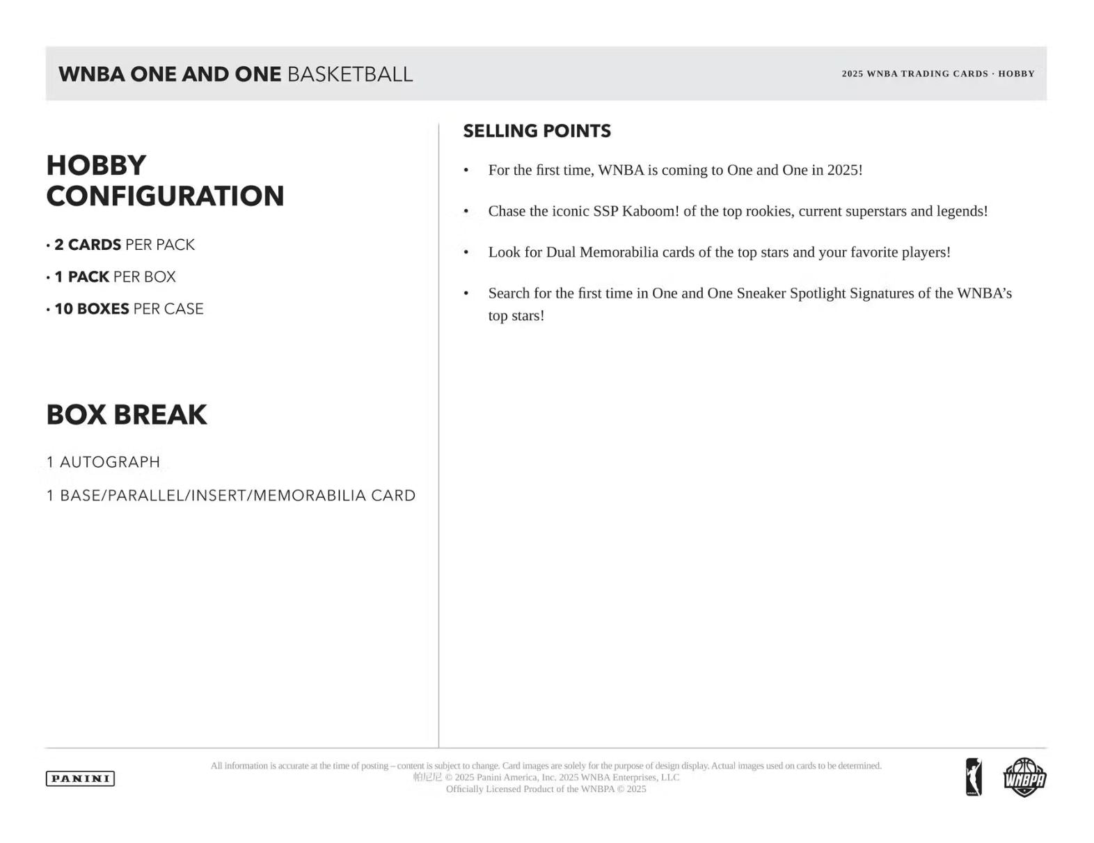 2025 Panini One And One WNBA Hobby Box
