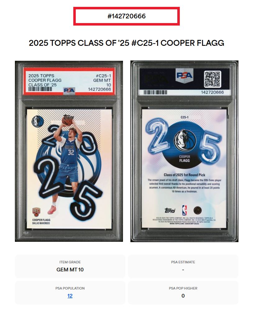 2025 Topps Basketball Cooper Flagg Class Of '25 PSA 10