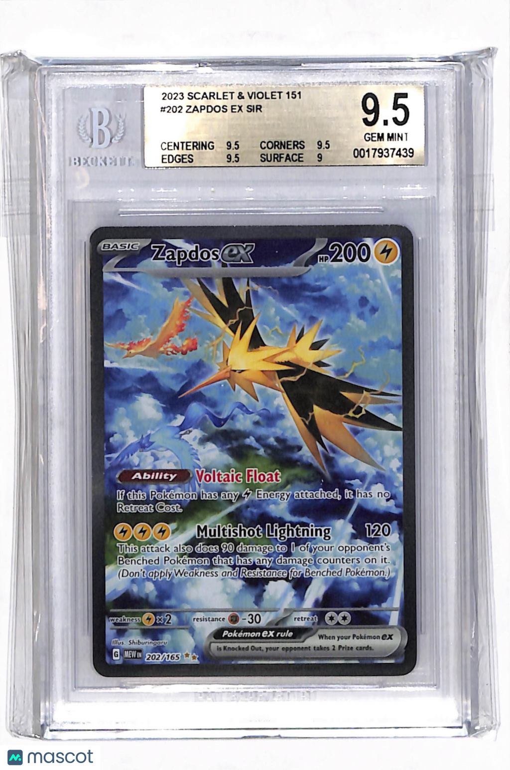 2023 Pokemon Scarlet and Violet 151 Zapdos ex SIR #202 BGS 9.5