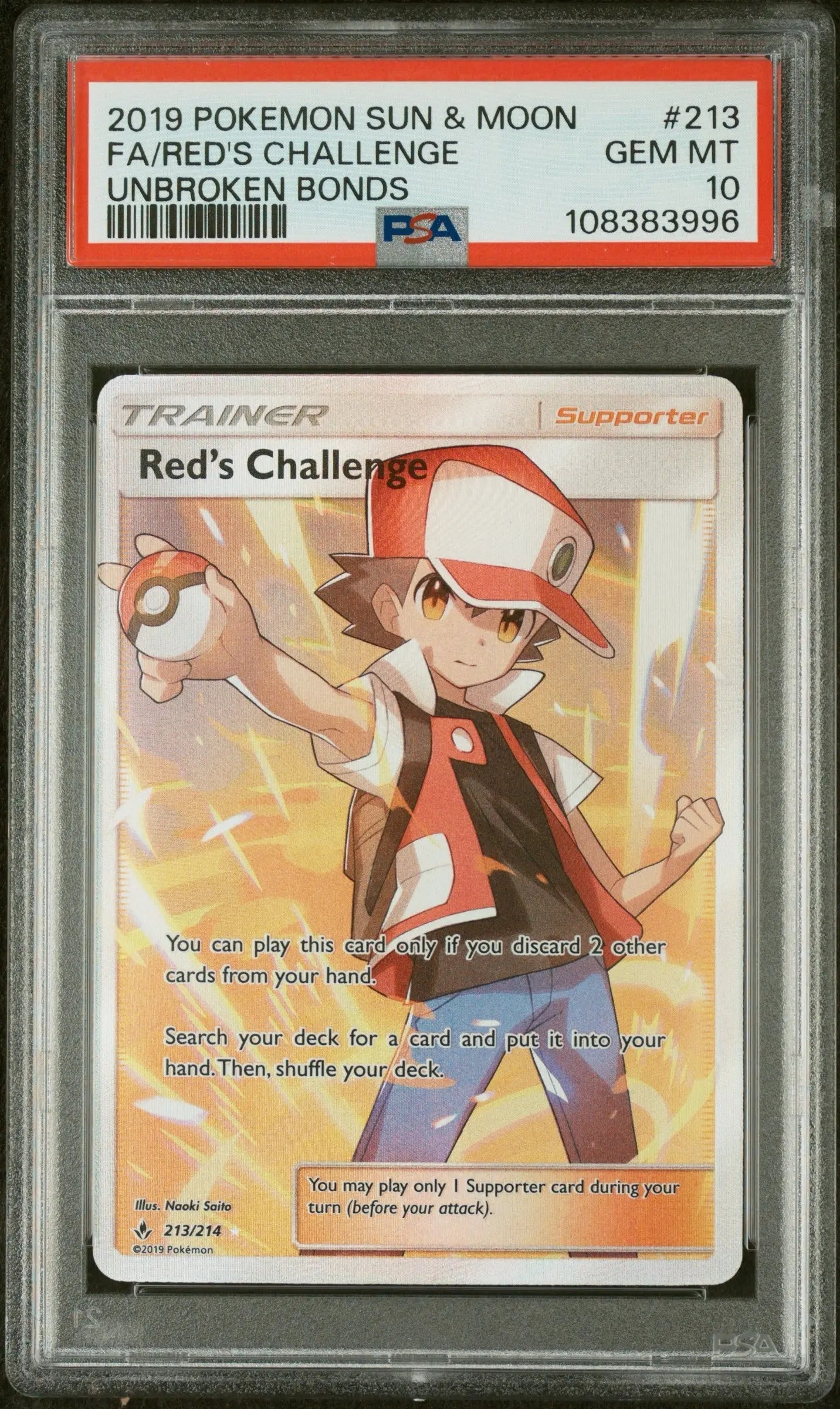 PSA 10 - 2019 POKEMON SUN & MOON UNBROKEN BONDS #213 FA/RED'S CHALLENGE UNBROKEN BONDS