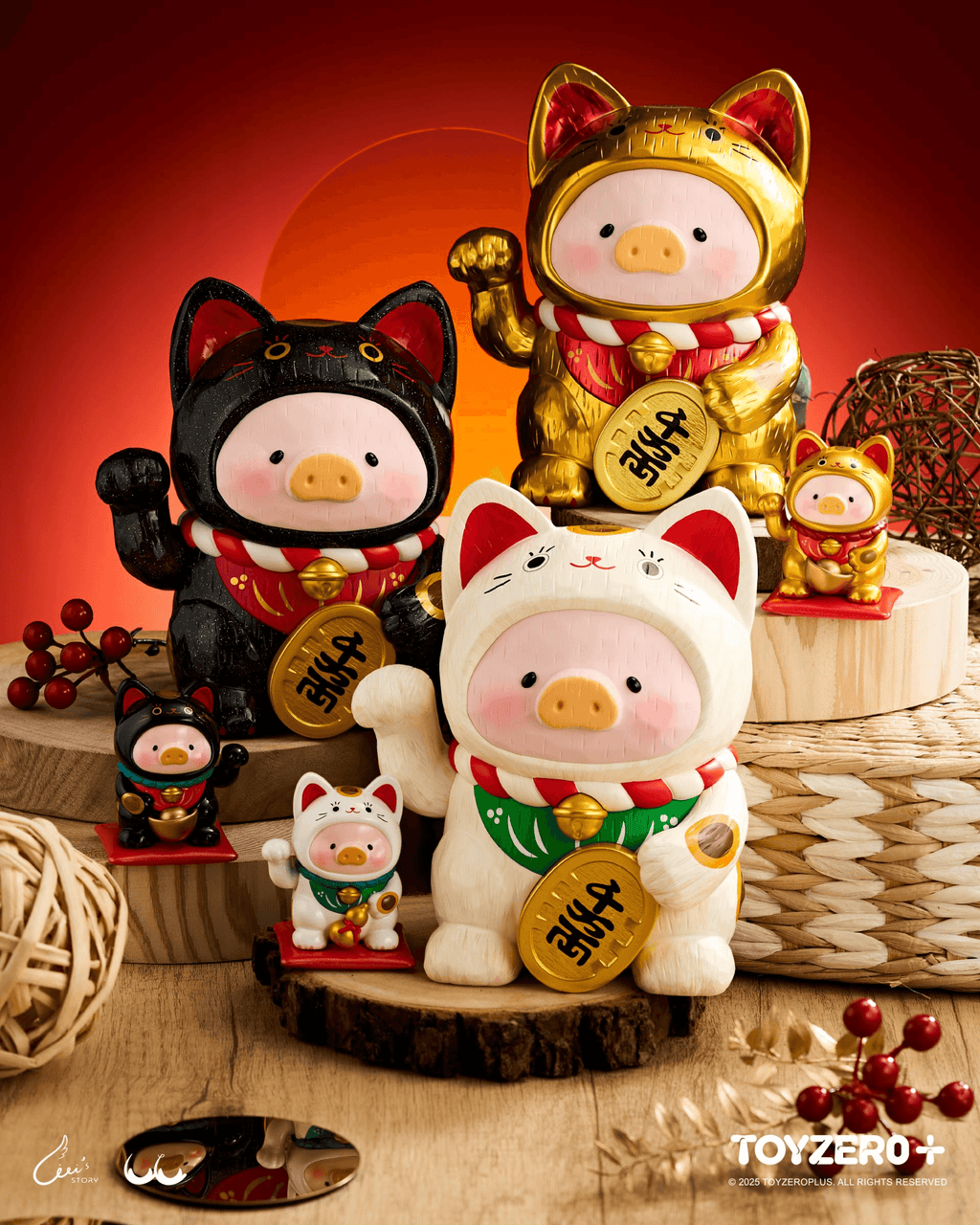 LuLu the Piggy - 18cm Wood-Carving Maneki Lu (Calico Cat)