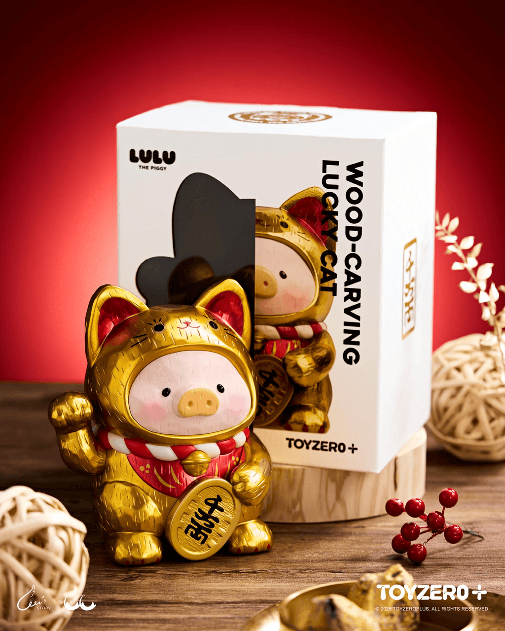 LuLu the Piggy - 18cm Wood-Carving Maneki Lu (Golden Cat)