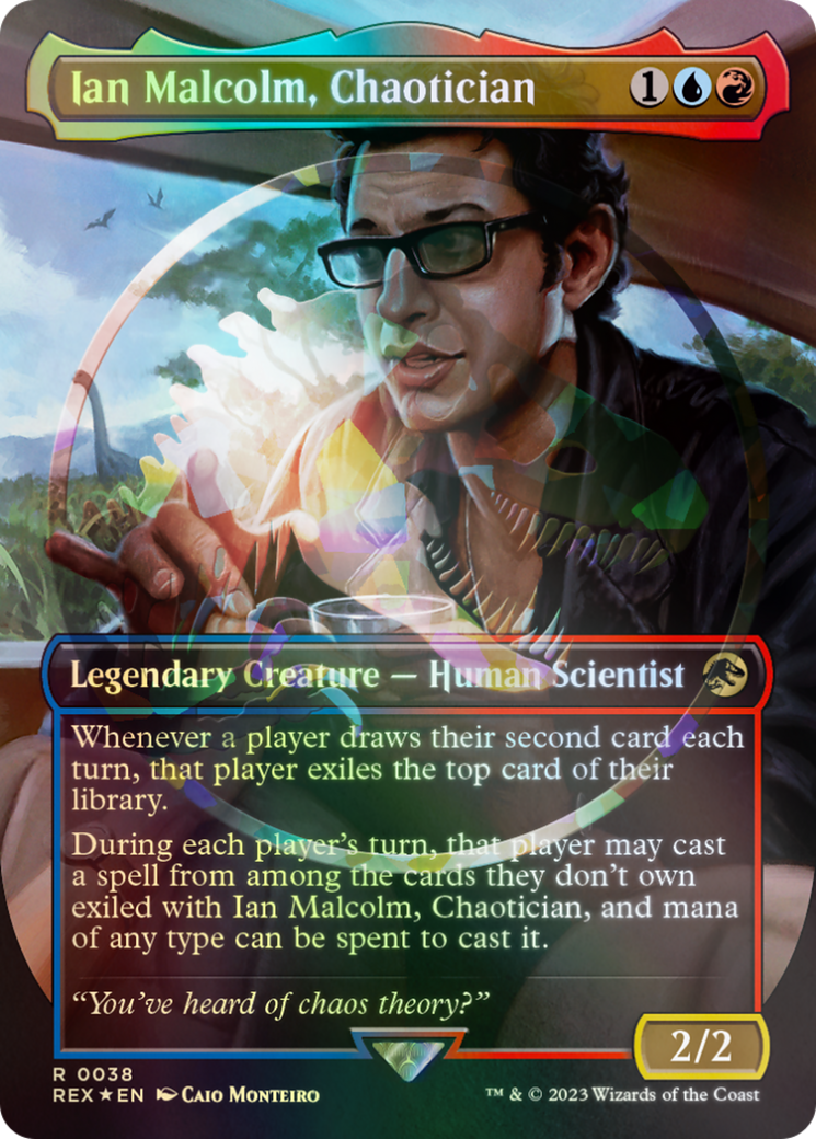FOIL Ian Malcolm, Chaotician (Borderless) (Emblem) (REX-038) - Jurassic World Collection - Magic The Gathering