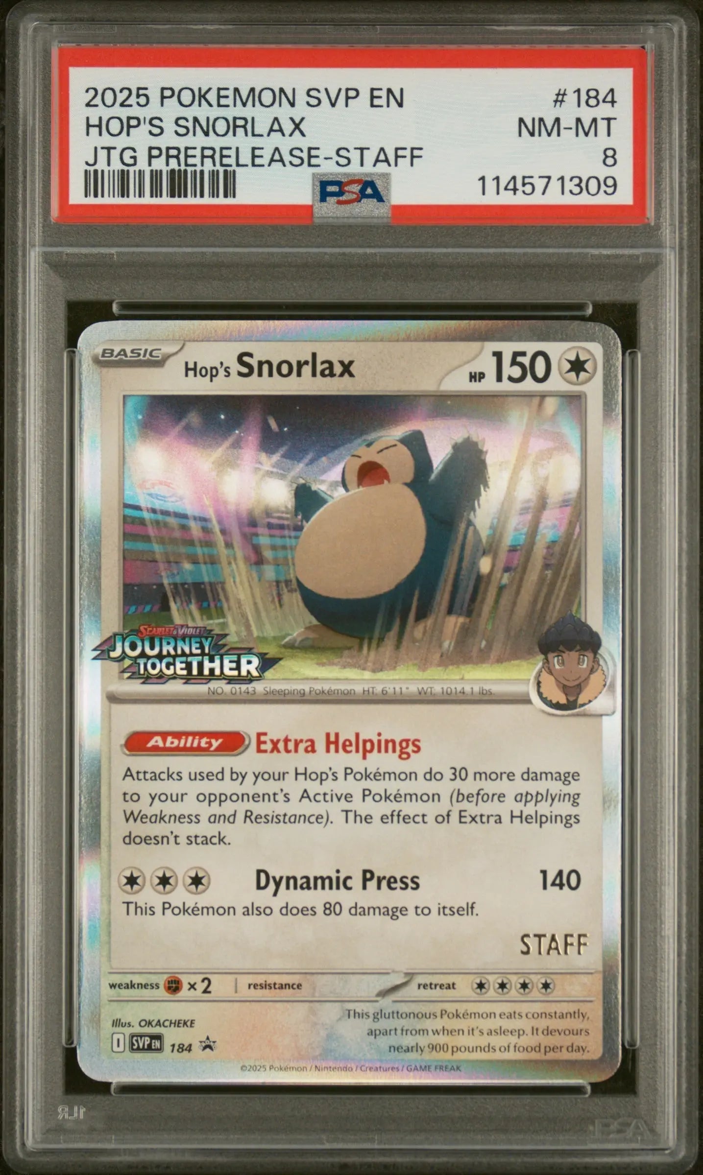 Hop's Snorlax 184 STAFF Prerelease Promo Journey Together PSA 8