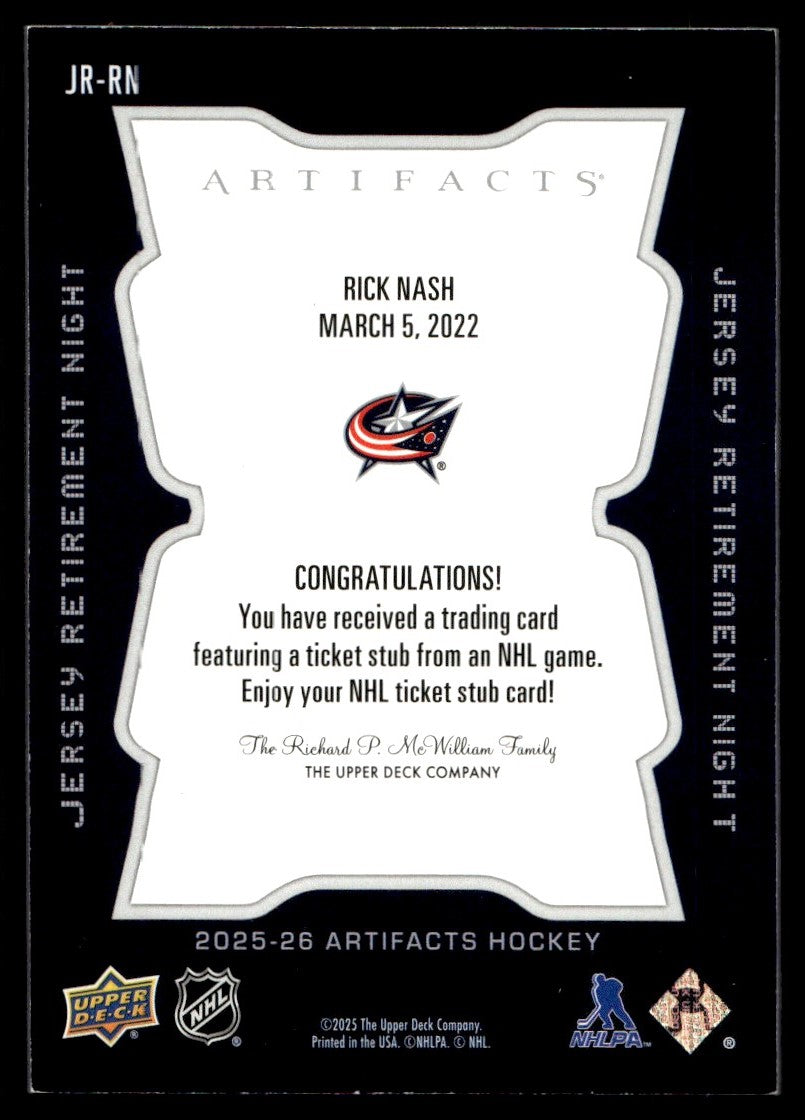 2025 Upper Deck Artifacts JR-RN Rick Nash Jersey Retirement Night /199 Columbus Blue Jackets