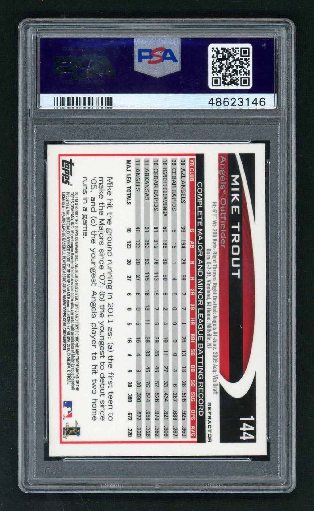 2012 Topps Chrome Purple Refractor Mike Trout #144 PSA 9