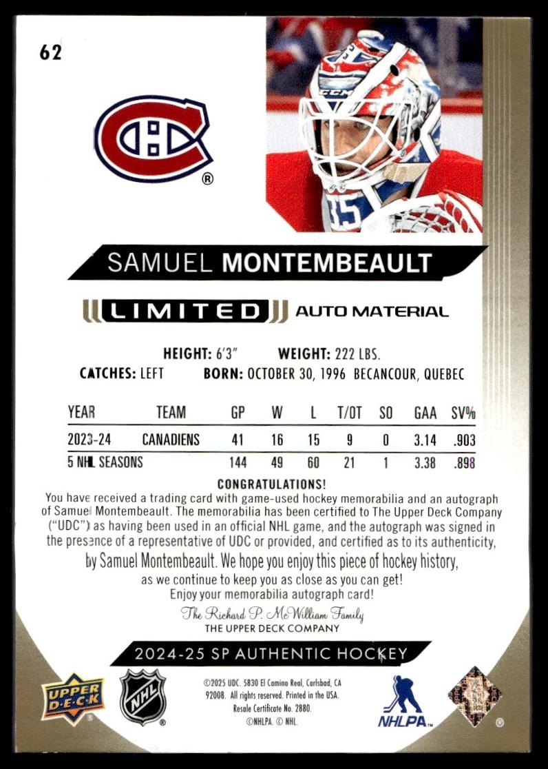 2024 Upper Deck SP Authentic 62 Samuel Montembeault Limited Auto Material /100 Canadiens