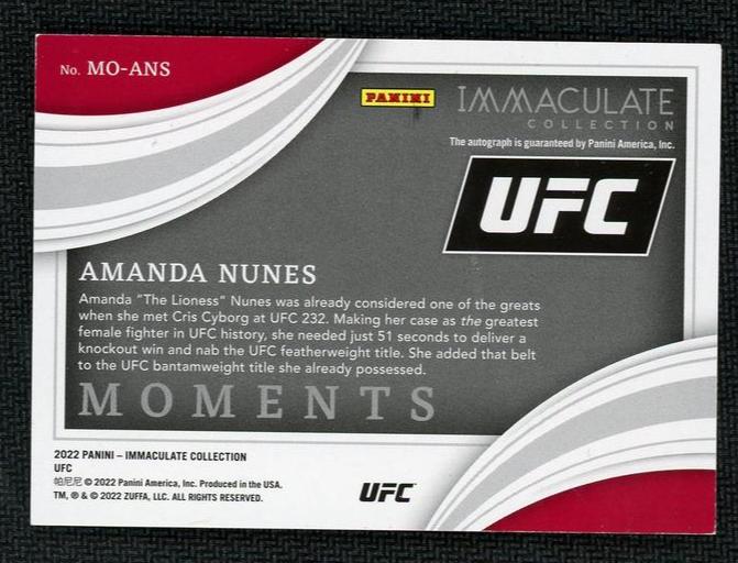 2022 Panini Immaculate MO-ANS Amanda Nunes Moments /99 Auto