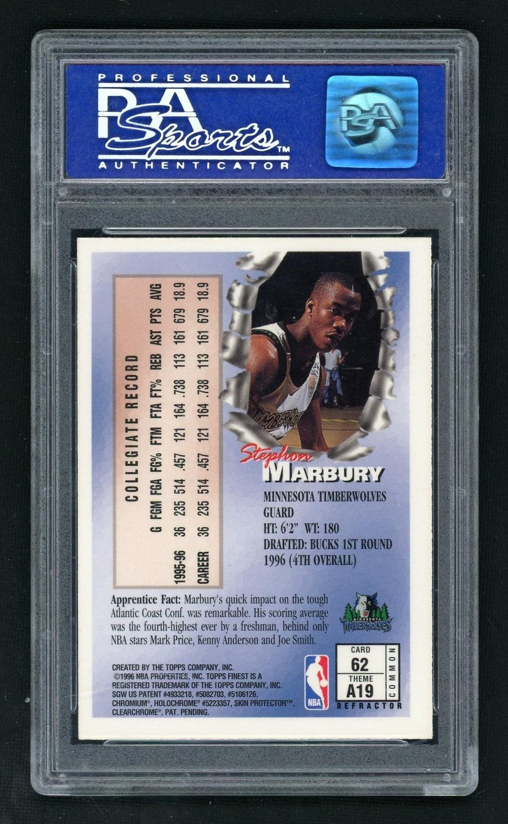 1996 Finest Refractor Stephon Marbury #62 PSA 9