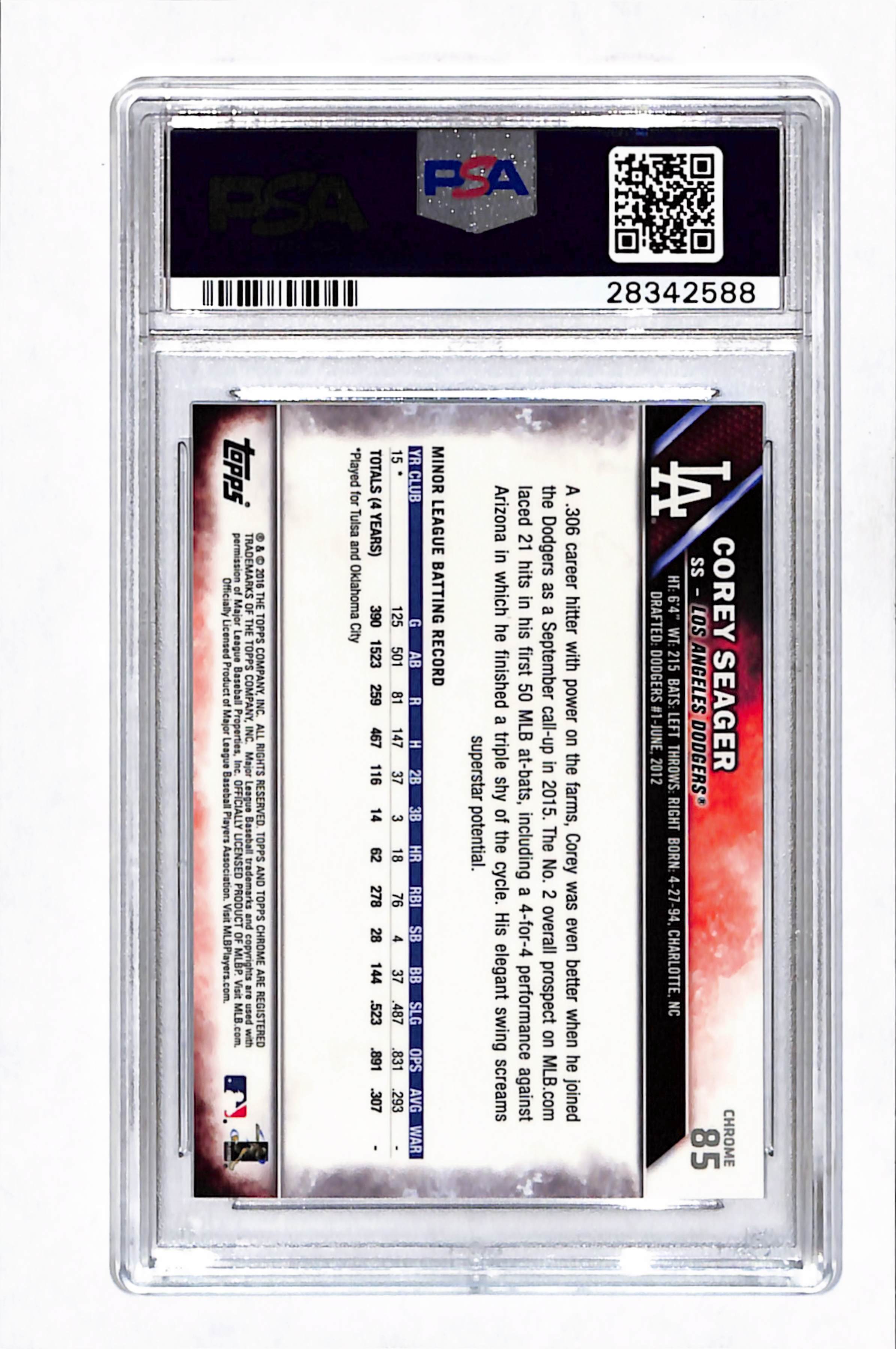 2016 Topps Chrome Sapphire Edition Corey Seager #85 PSA 10