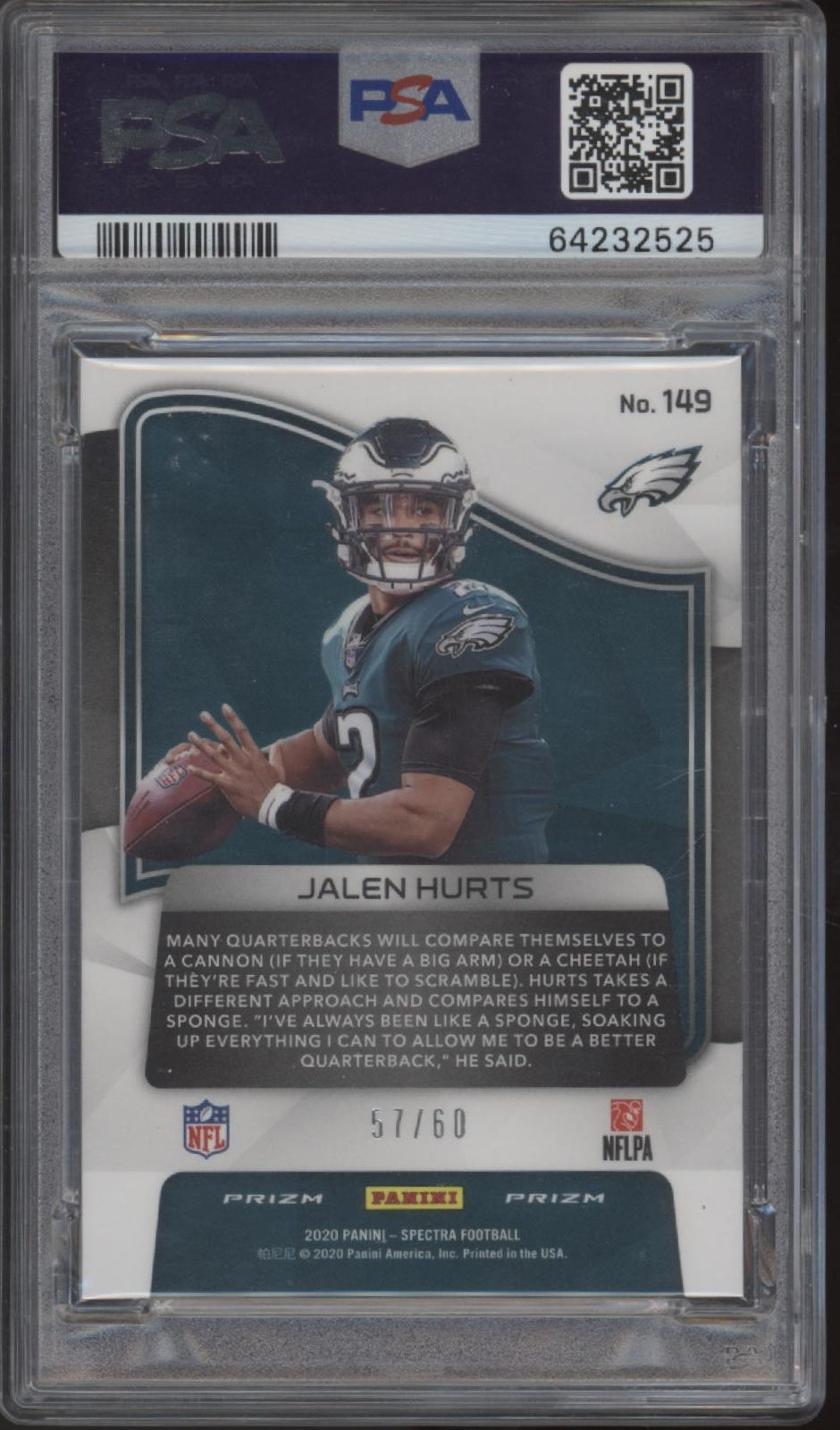 Jalen Hurts 2020 Panini Spectra Neon Blue No Hubble Prizm RC 57/60 #149 PSA 10