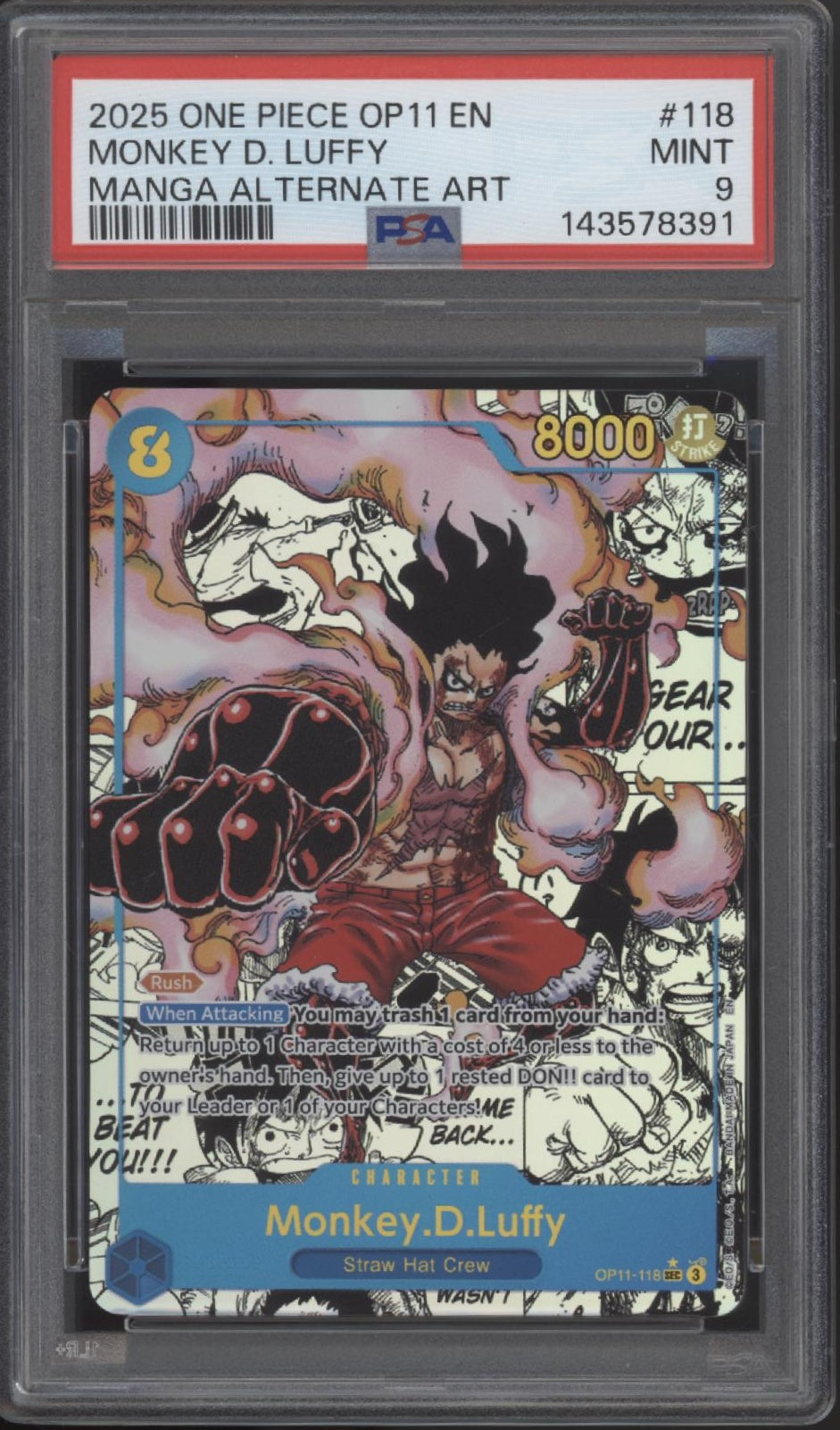 Monkey D. Ruffy One Piece Card Game Faust der göttlichen Geschwindigkeit Manga Art #118 PSA 9