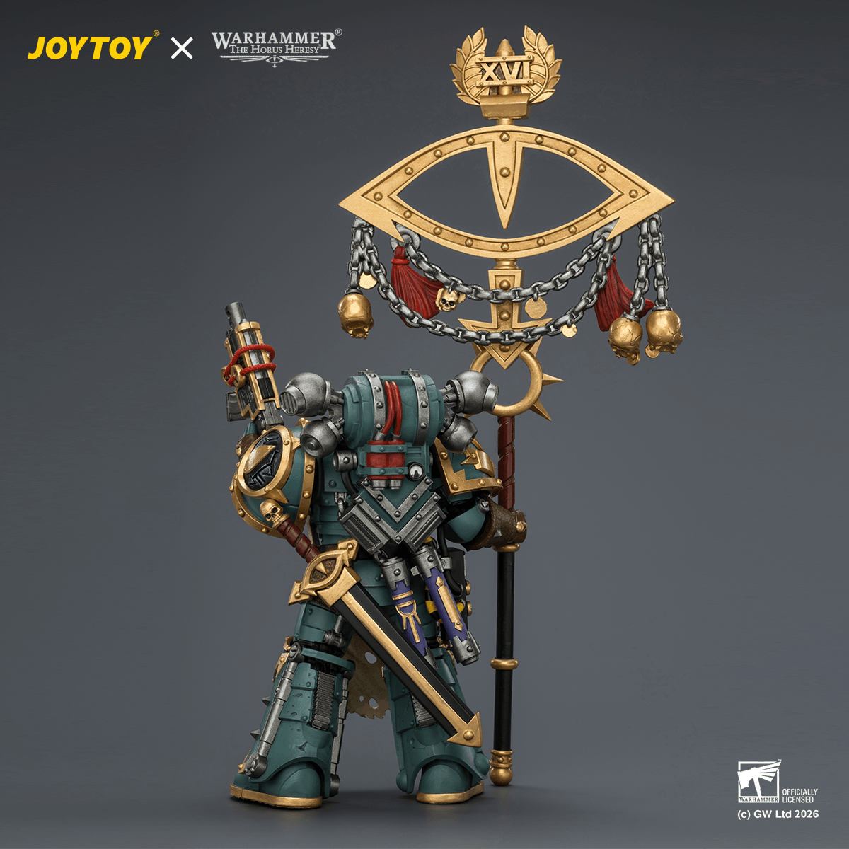 Sons of Horus Maloghurst the Twisted, the Warmaster's Equerry with Legion Standard and Banestrike Bolter