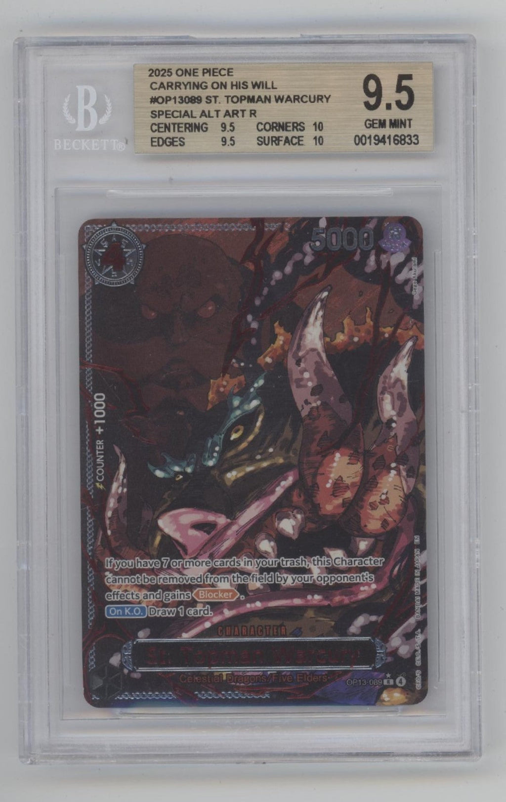 St Topman Warcury One Piece OP13 Special Alt Art Beckett 10 Pristine