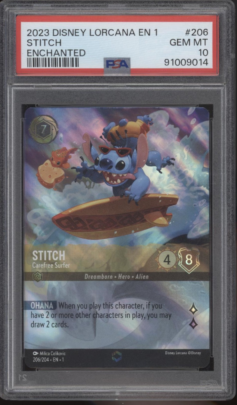 Stitch Sorgloser Surfer Disney Lorcana Das erste Kapitel Verzaubert #206 PSA 10