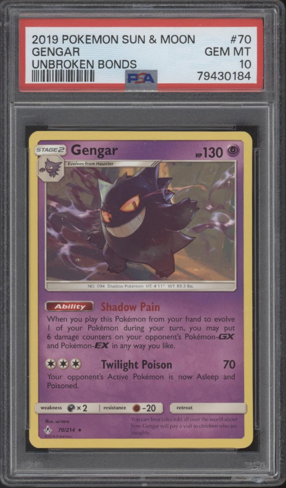 Gengar Pokemon Unbroken Bonds #70 PSA 10