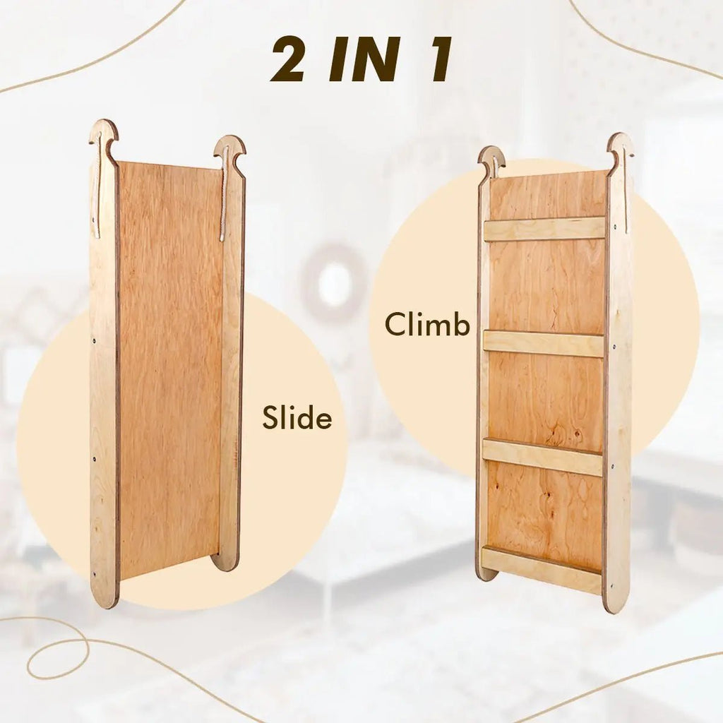 4in1 Montessori Climbing Set: Triangle Ladder + Climbing Arch + Slide Board & Cushion – Beige
