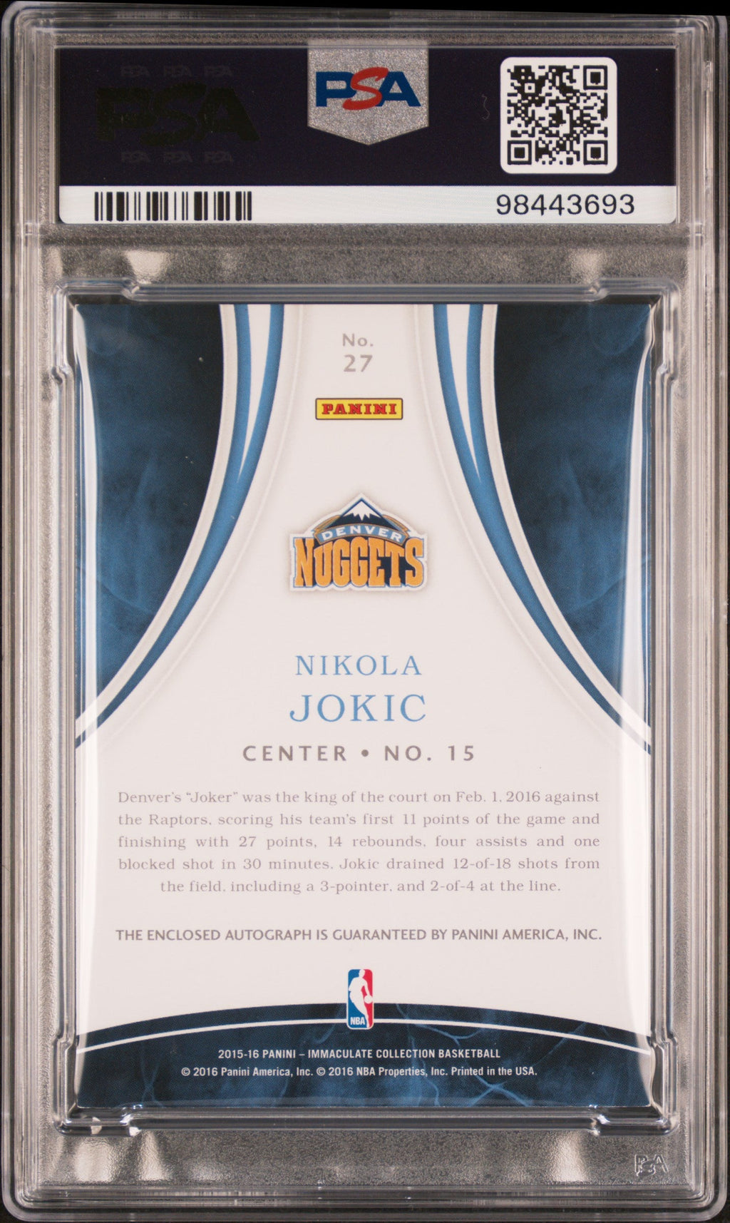 2015-16 Immaculate Collection #27 Nikola Jokic Rookie RC Auto /99 PSA 7 PC