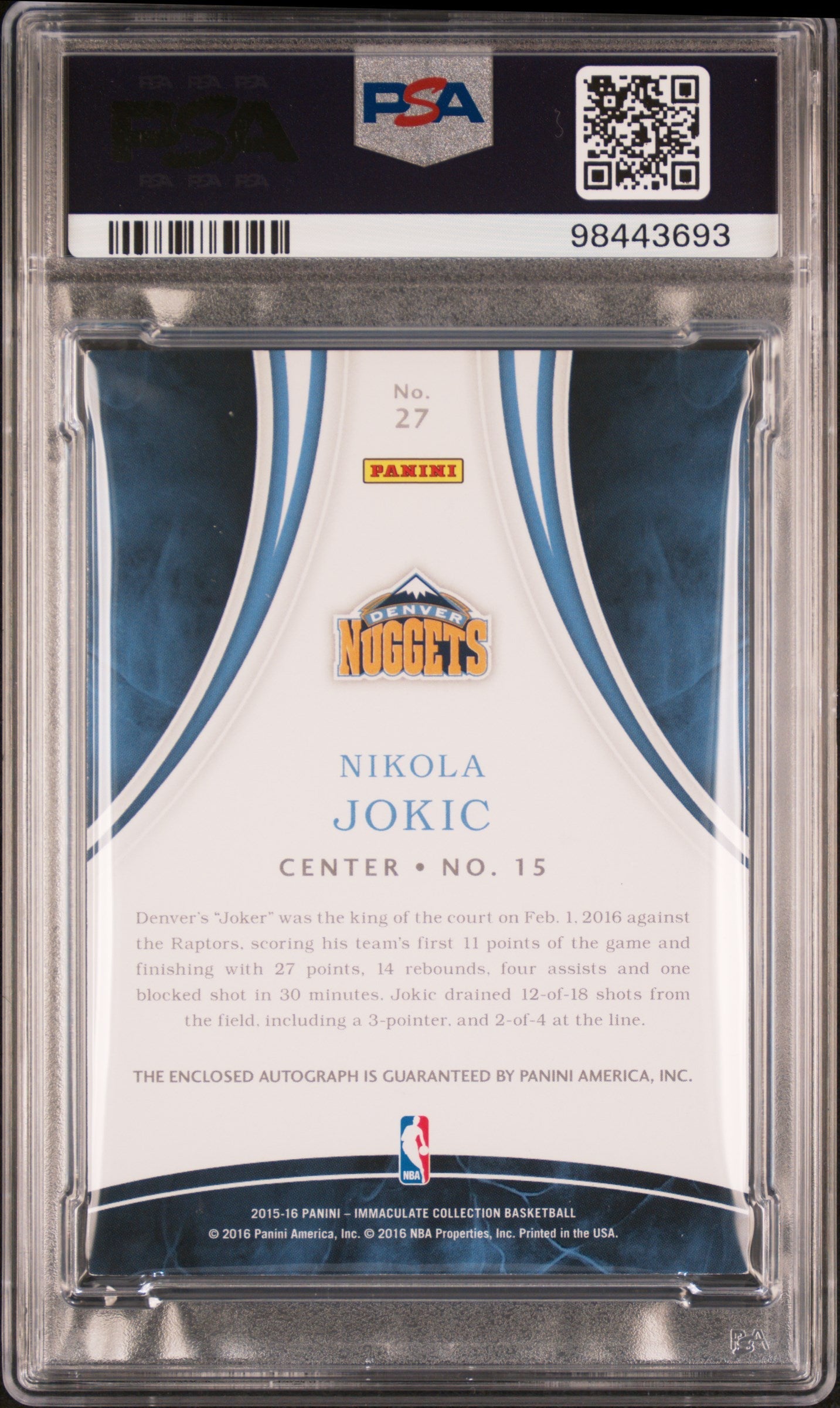 2015-16 Immaculate Collection #27 Nikola Jokic Rookie RC Auto /99 PSA 7 PC