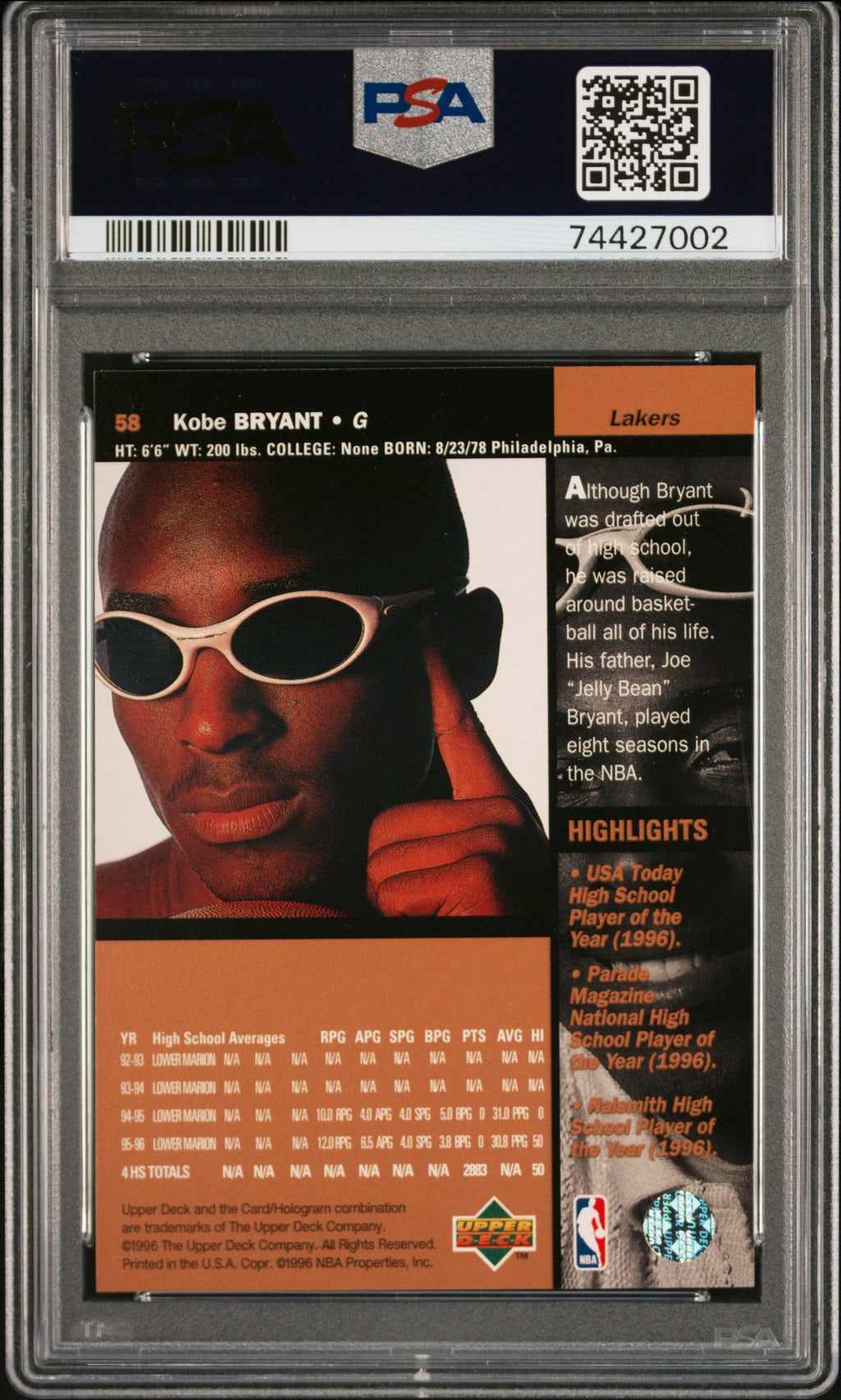 1996-97 Upper Deck #58 Kobe Bryant Rookie RC PSA 10