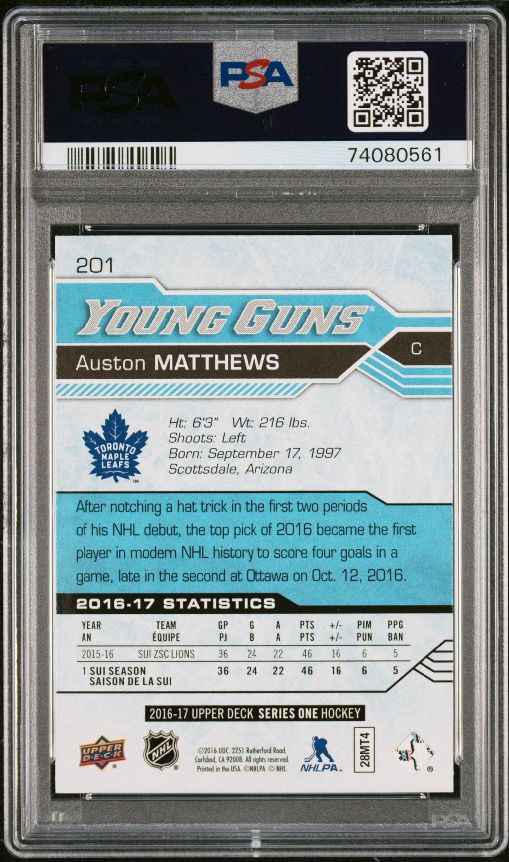 2016-17 Upper Deck #201 Auston Matthews Young Guns PSA 10 PC