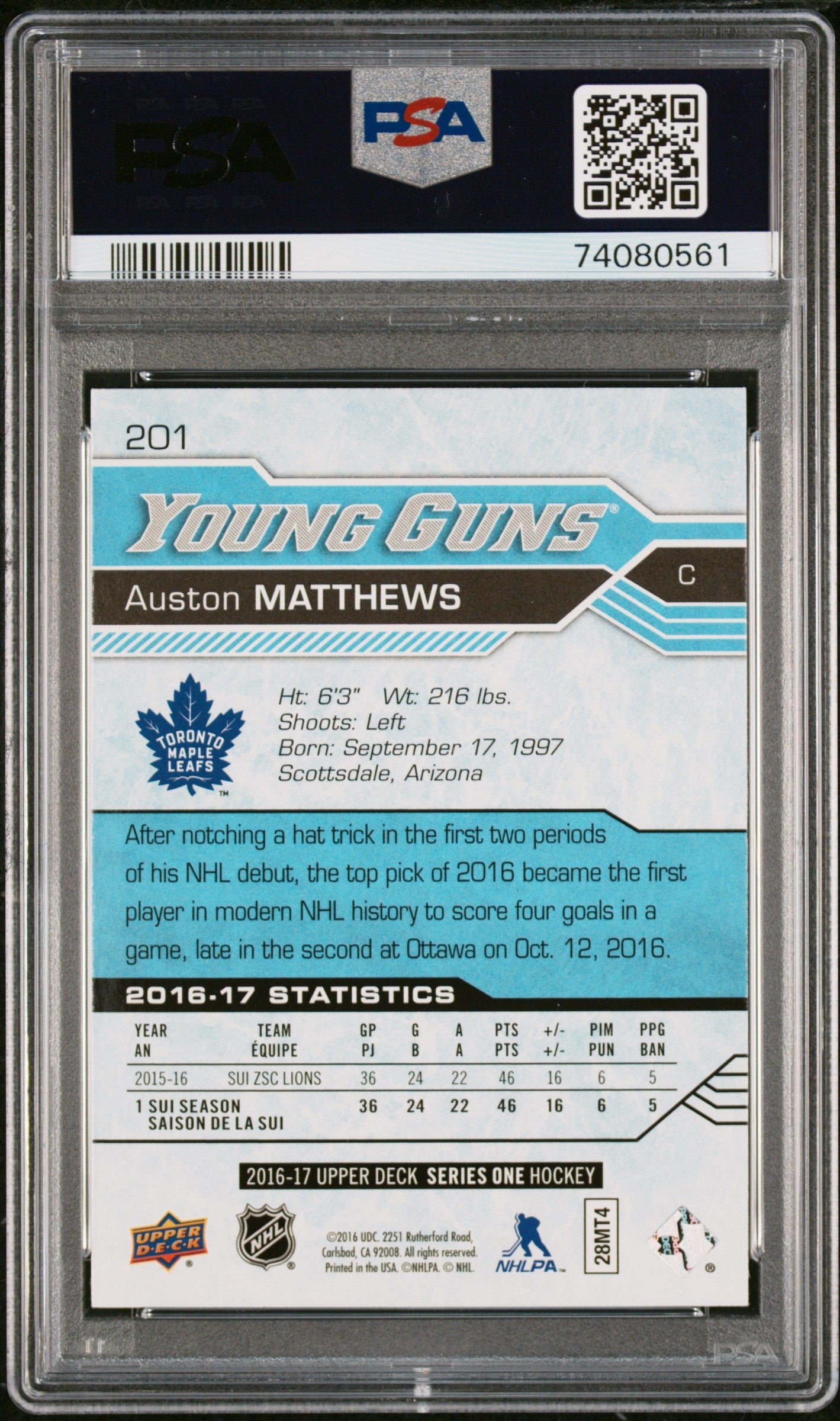 2016-17 Upper Deck #201 Auston Matthews Young Guns PSA 10 PC