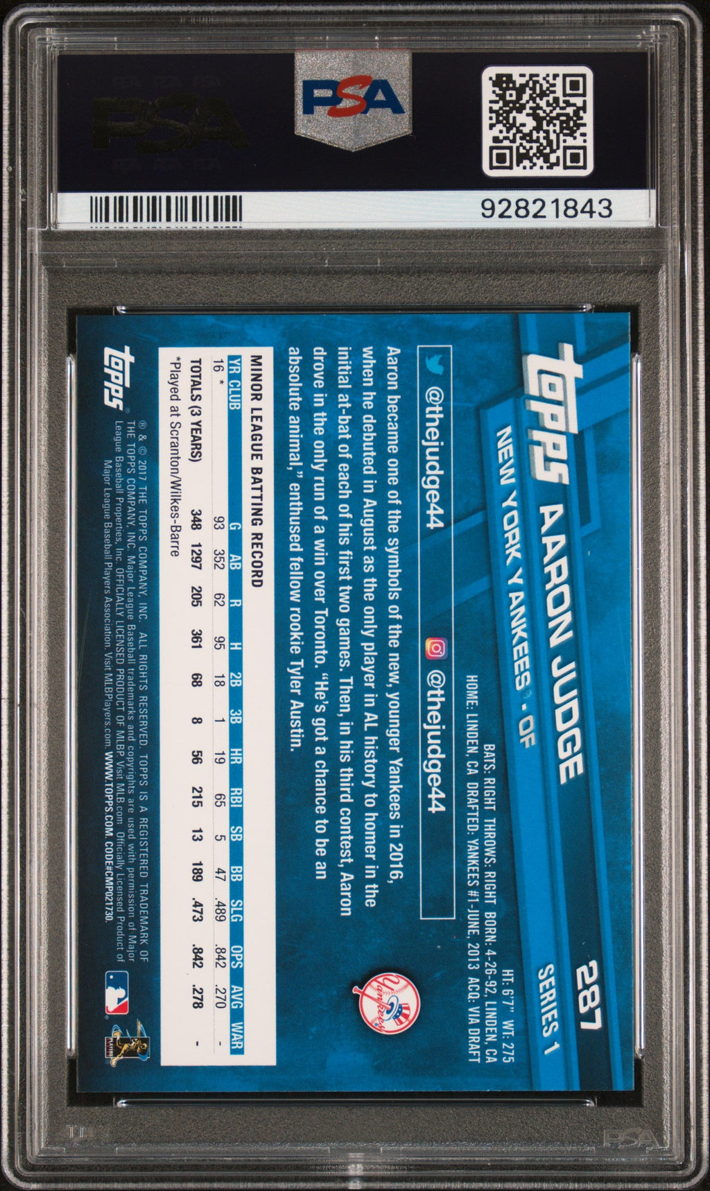 2017 Topps #287 Aaron Judge Rookie RC Catching PSA 9