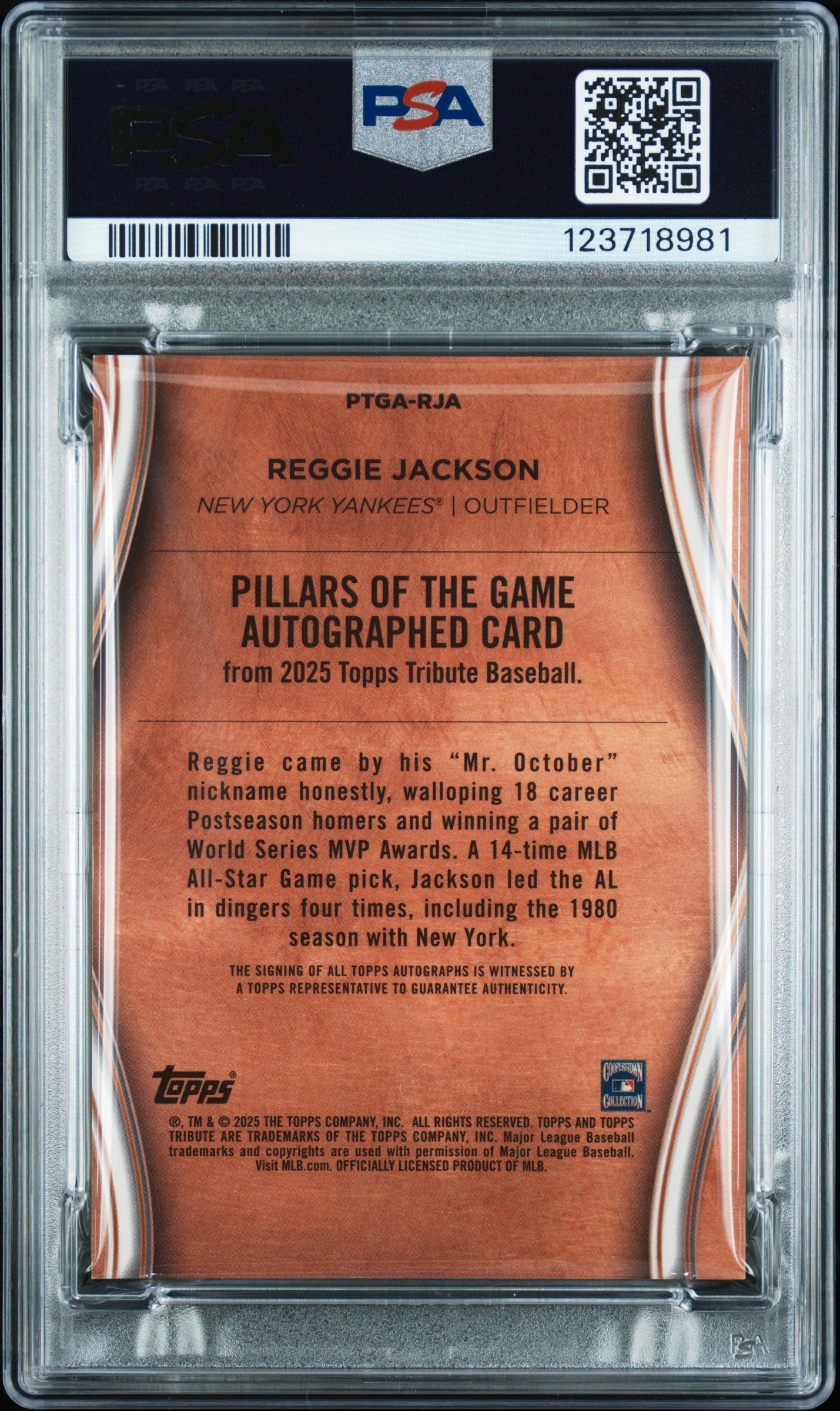2025 Topps Tribute Reggie Jackson Pillars of the Game Auto Purple /50 PSA 9