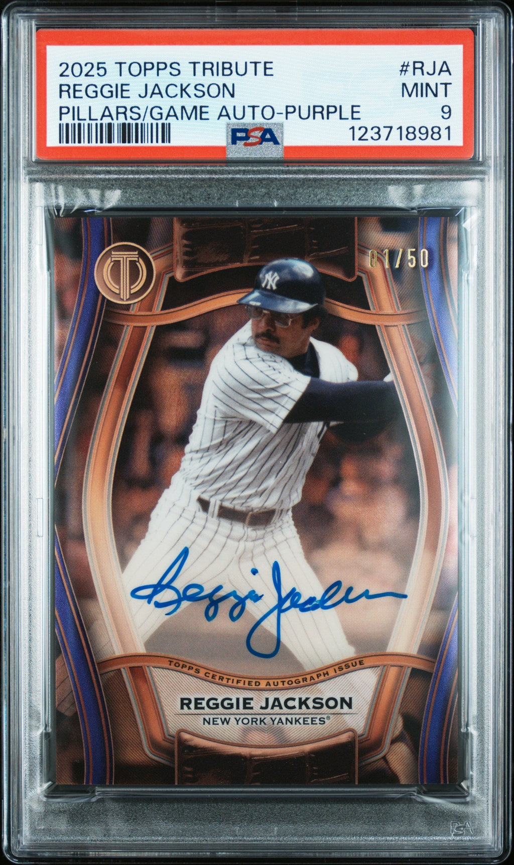 2025 Topps Tribute Reggie Jackson Pillars of the Game Auto Purple /50 PSA 9