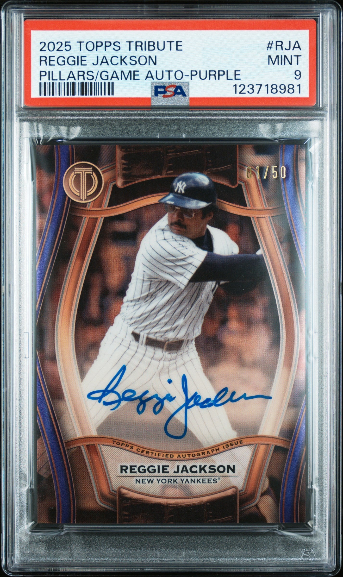 2025 Topps Tribute Reggie Jackson Pillars of the Game Auto Purple /50 PSA 9