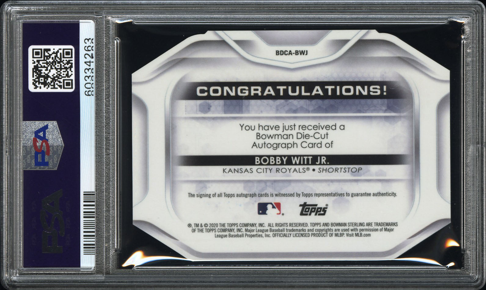 2020 Bowman Sterling Die-Cut Auto Bobby Witt Jr. Bowman Black Refractor /5 PSA 9
