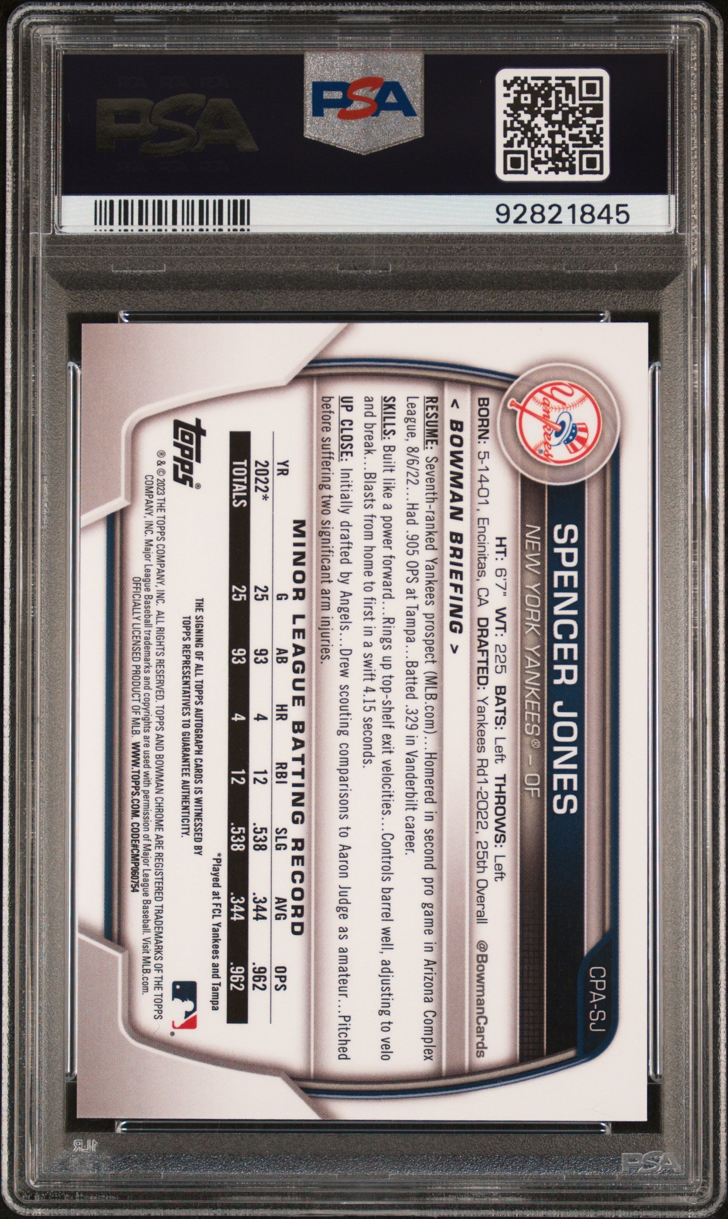 2023 Bowman Chrome Spencer Jones 1st Auto Gold Shimmer Refractor /50 PSA 10