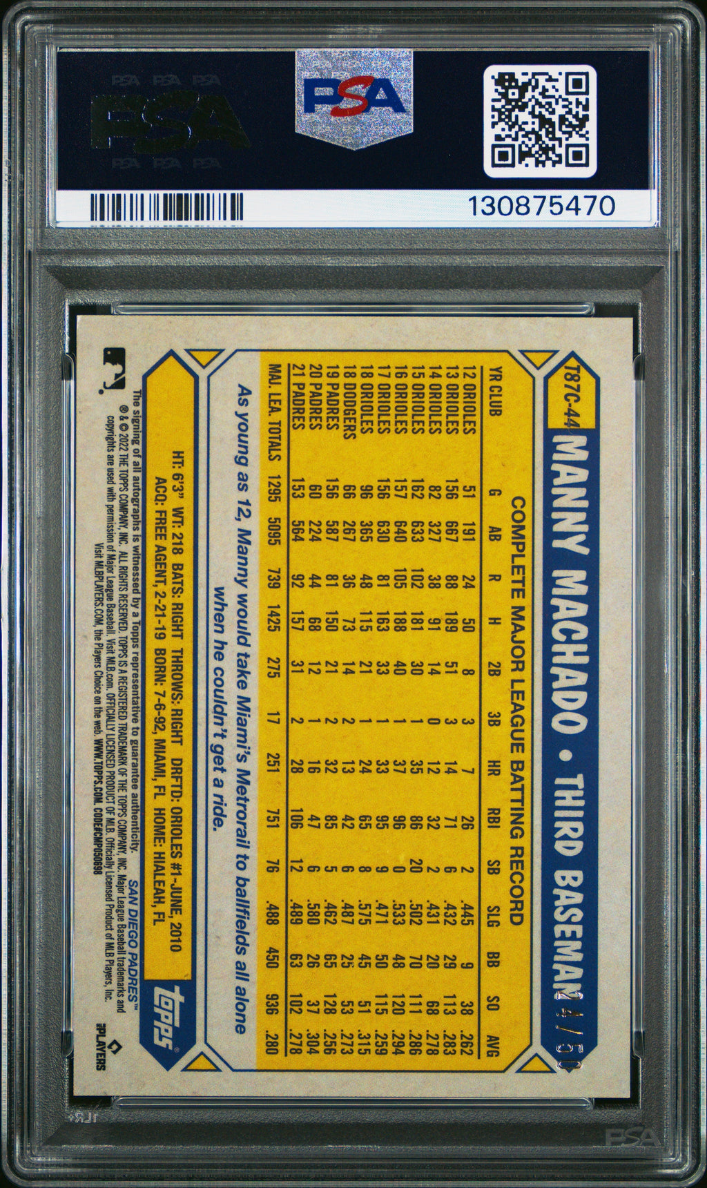 2022 Topps Silver Pack Manny Machado Gold Auto /50 PSA 9