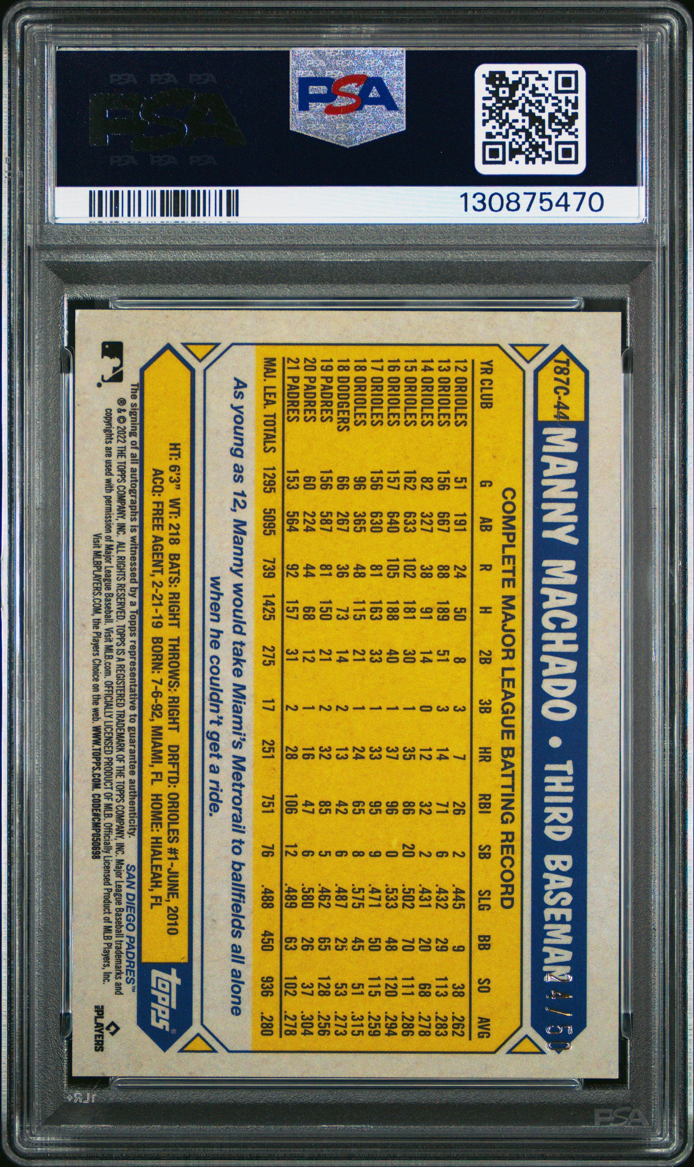2022 Topps Silver Pack Manny Machado Gold Auto /50 PSA 9