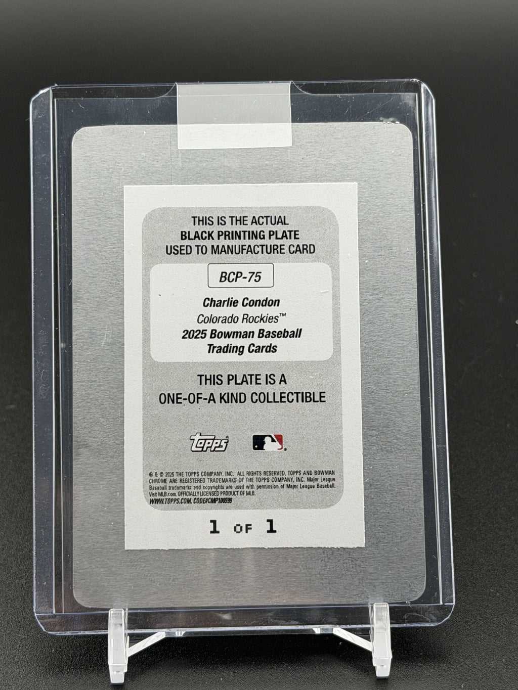 2025 Bowman #BCP-75 Charlie Condon Chrome Prospects Printing Plate Black #/1