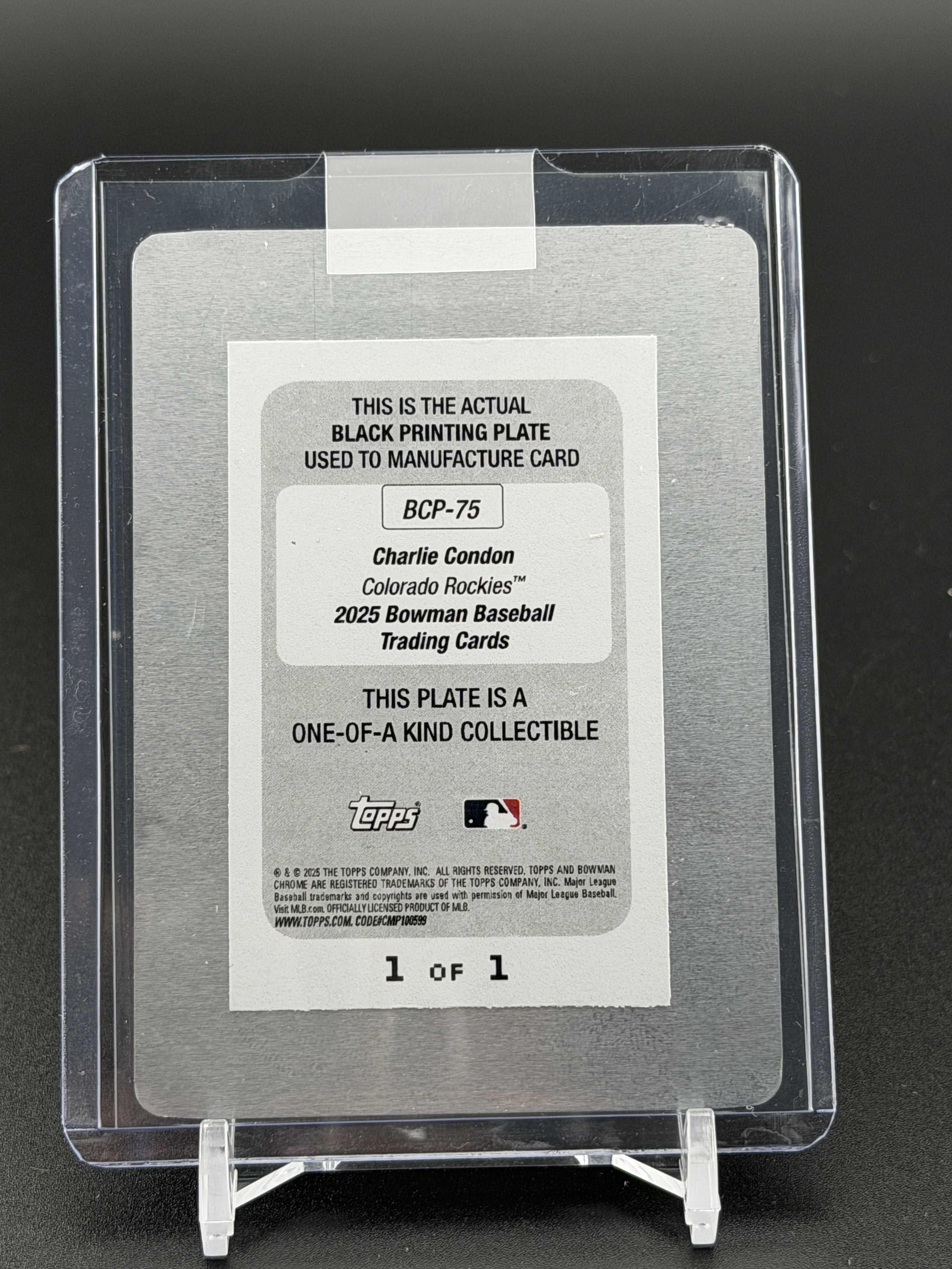 2025 Bowman #BCP-75 Charlie Condon Chrome Prospects Printing Plate Black #/1