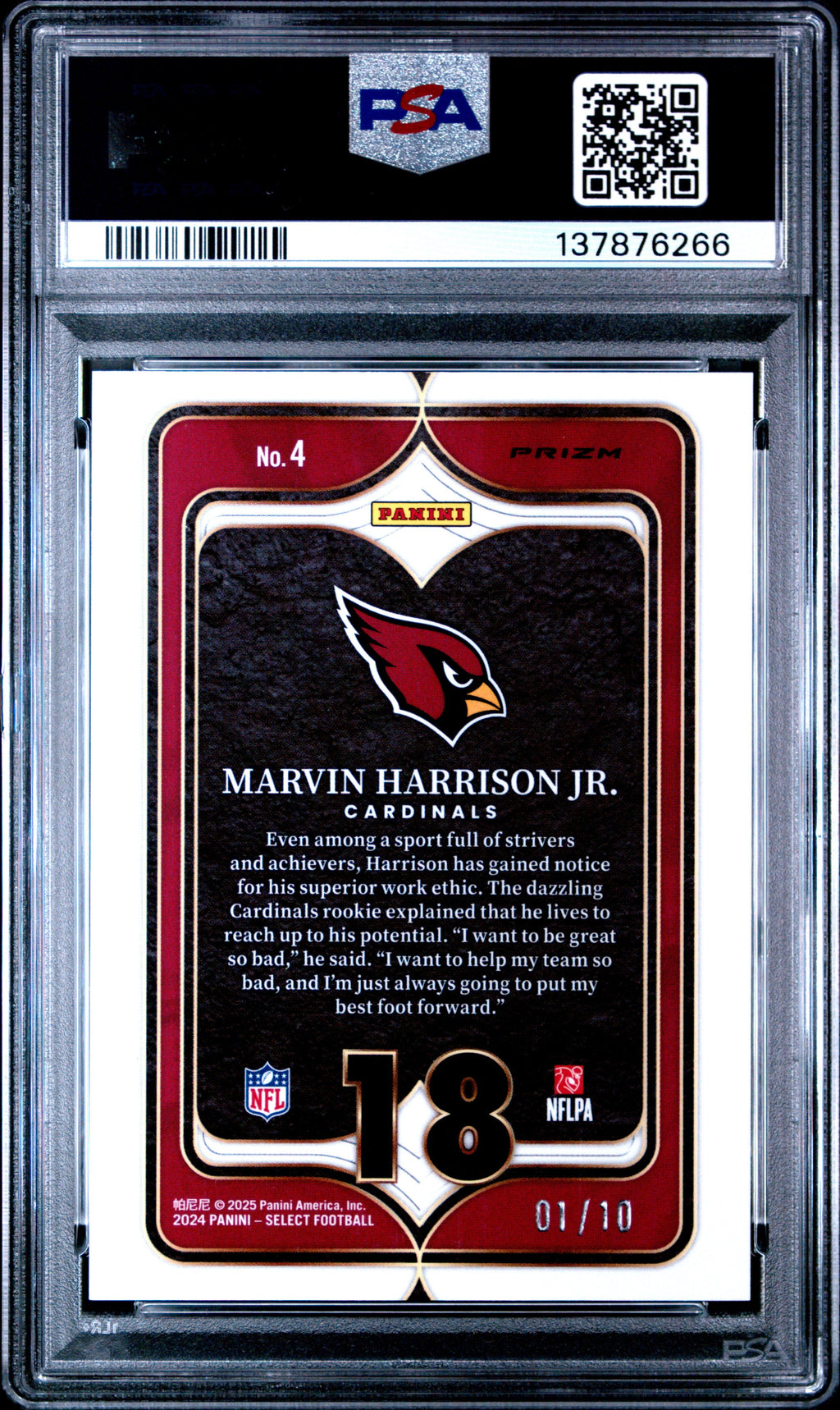2024 Panini Select #4 Marvin Harrison Jr. Rookie RC Numbers Gold Prizm /10 PSA 9