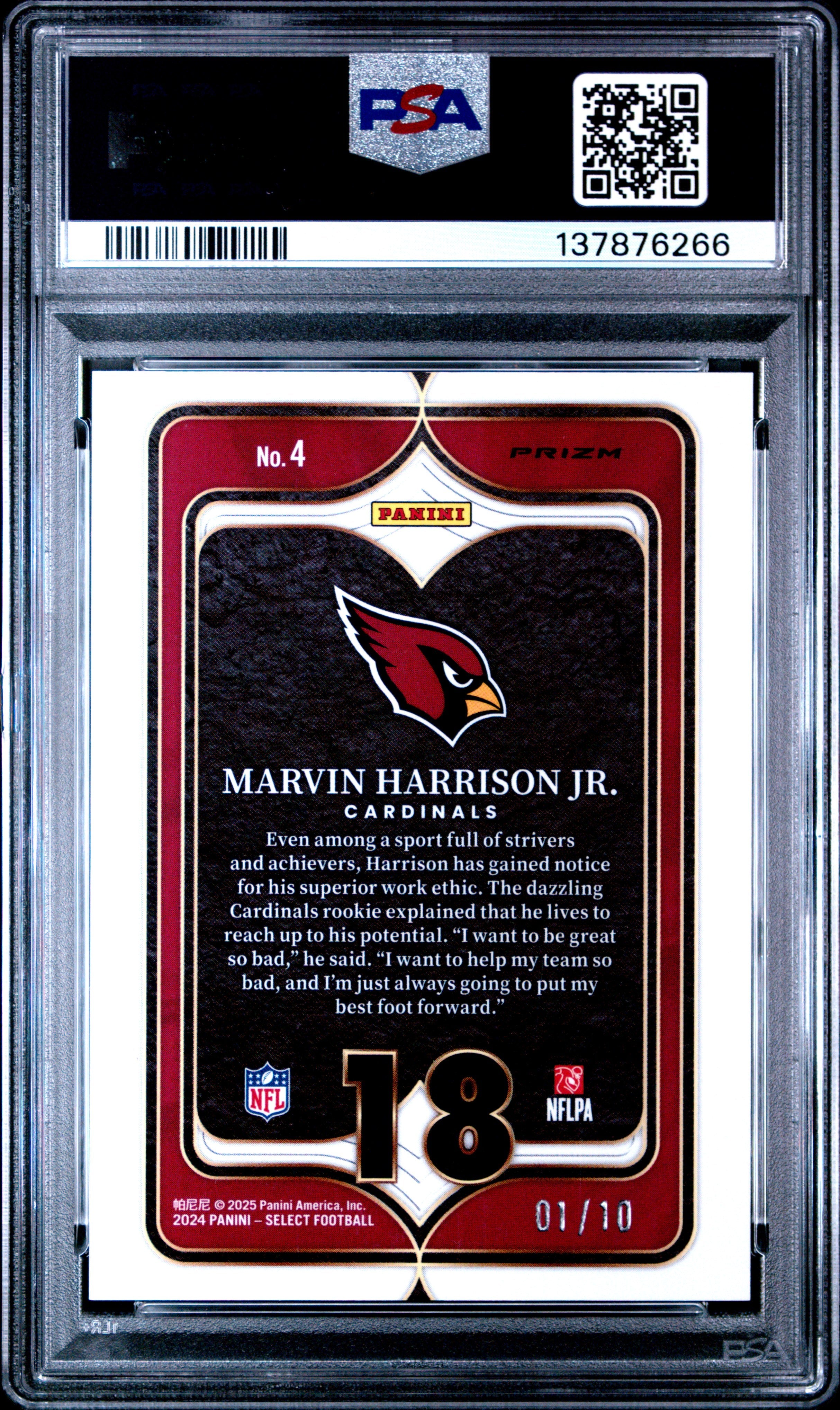 2024 Panini Select #4 Marvin Harrison Jr. Rookie RC Numbers Gold Prizm /10 PSA 9