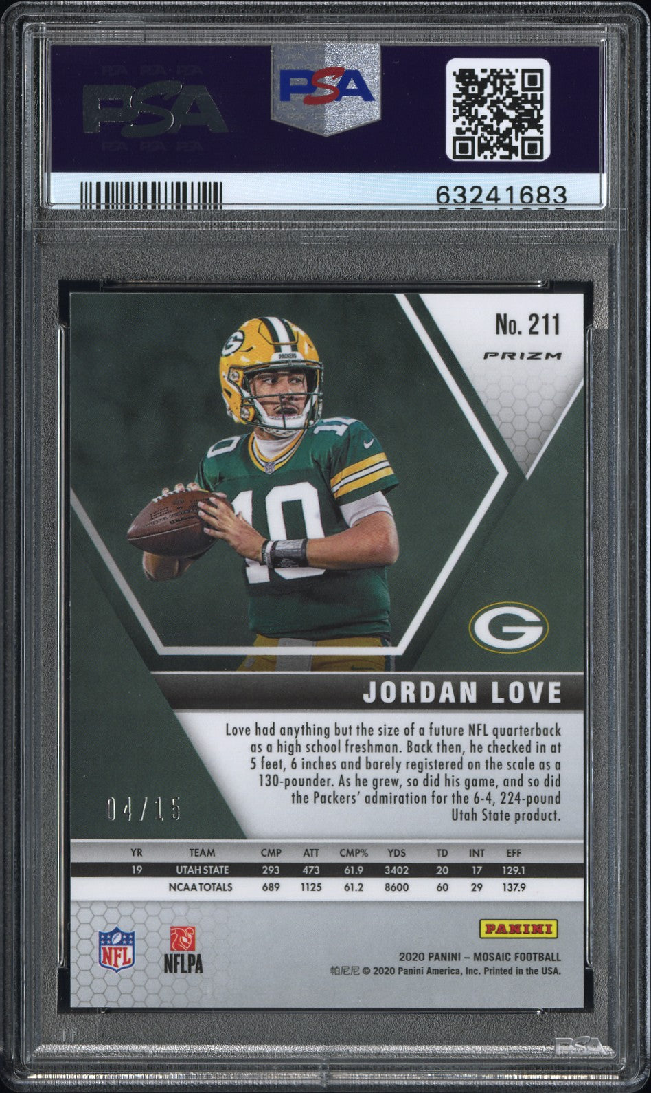 2020 Mosaic #211 Jordan Love Rookie RC Prizm Blue Fluorescent /15 PSA 10 PC