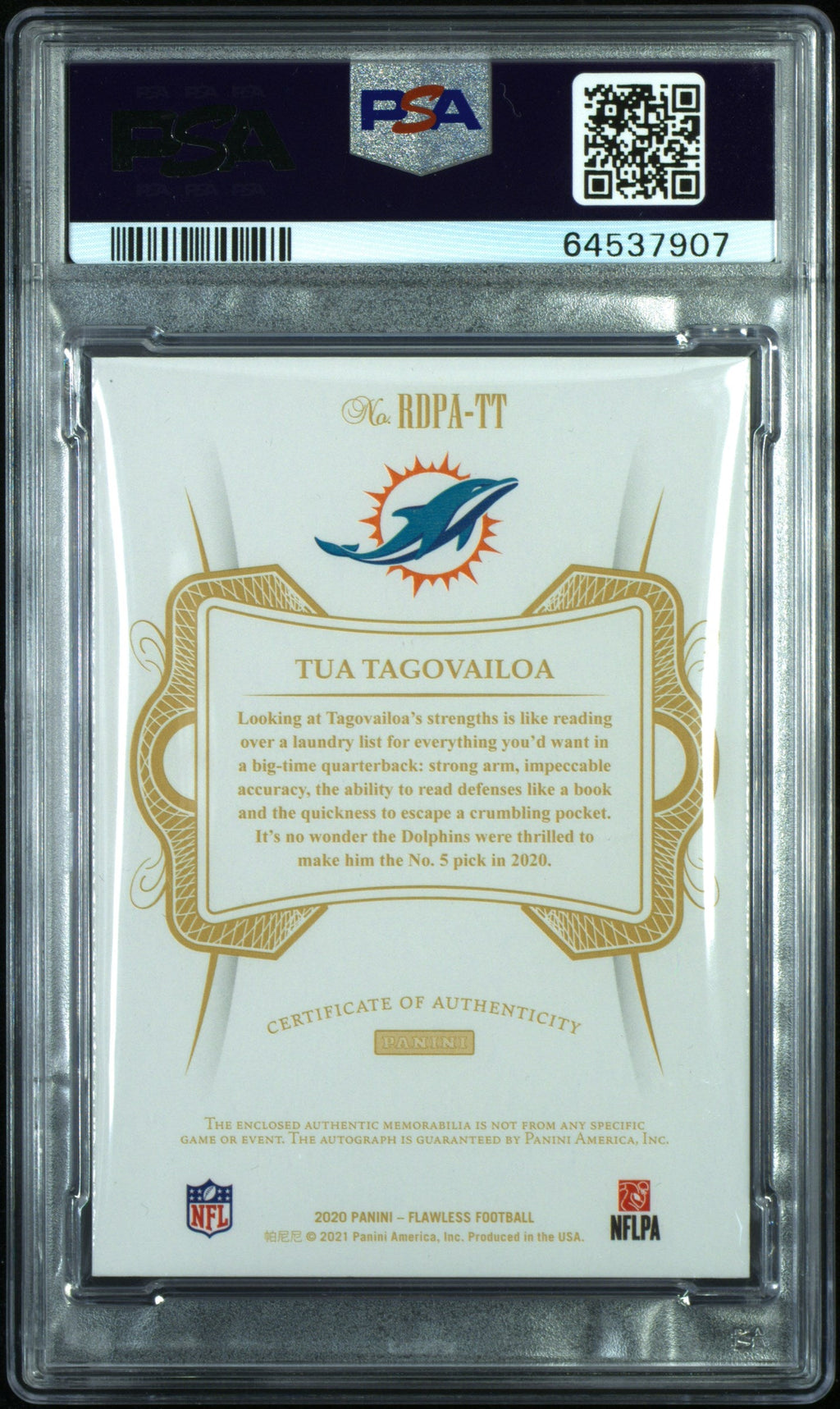2020 Flawless Tua Tagovailoa Rookie Dual Patch Auto Silver /20 PSA 10 PC