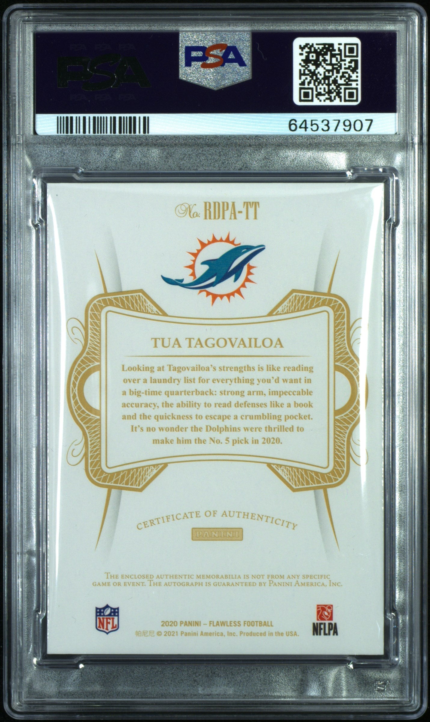 2020 Flawless Tua Tagovailoa Rookie Dual Patch Auto Silver /20 PSA 10 PC