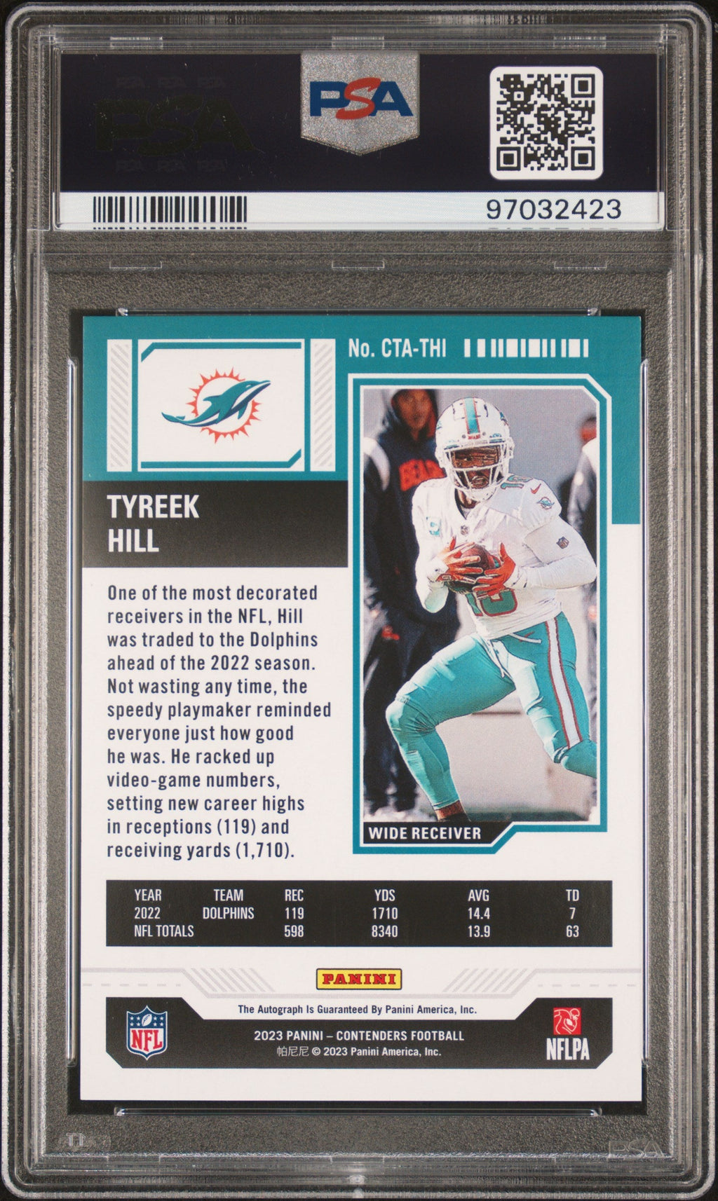 2023 Contenders #CTA-THI Tyreek Hill Veteran Cracked Ice Auto Ticket /23 PSA 9