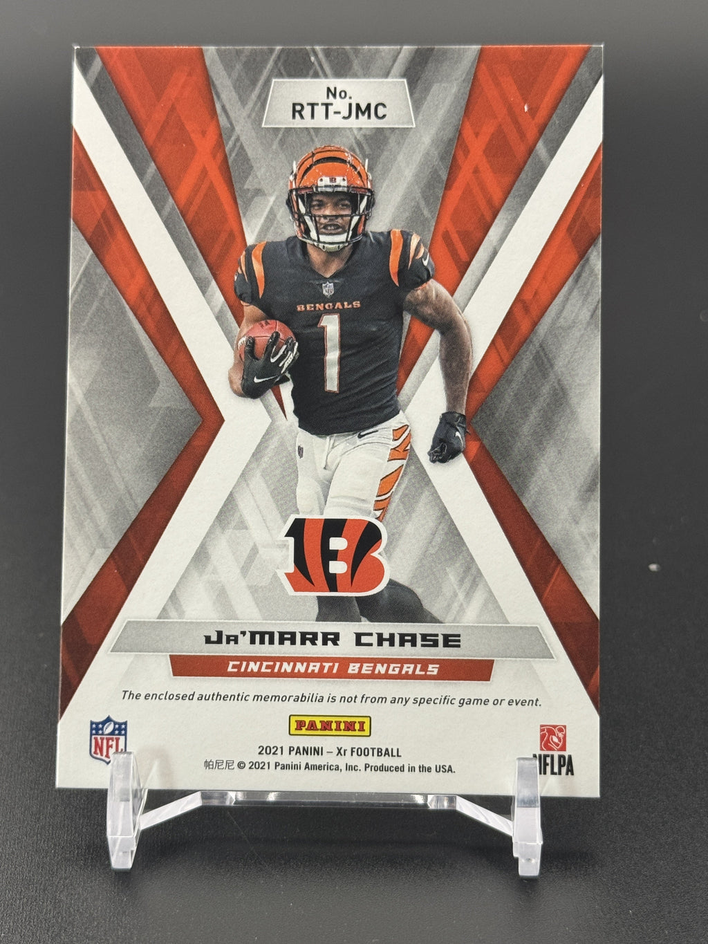 2021 Panini XR #RTT-JMC Ja'Marr Chase Rookie Triple Threats Materials Gold #/10