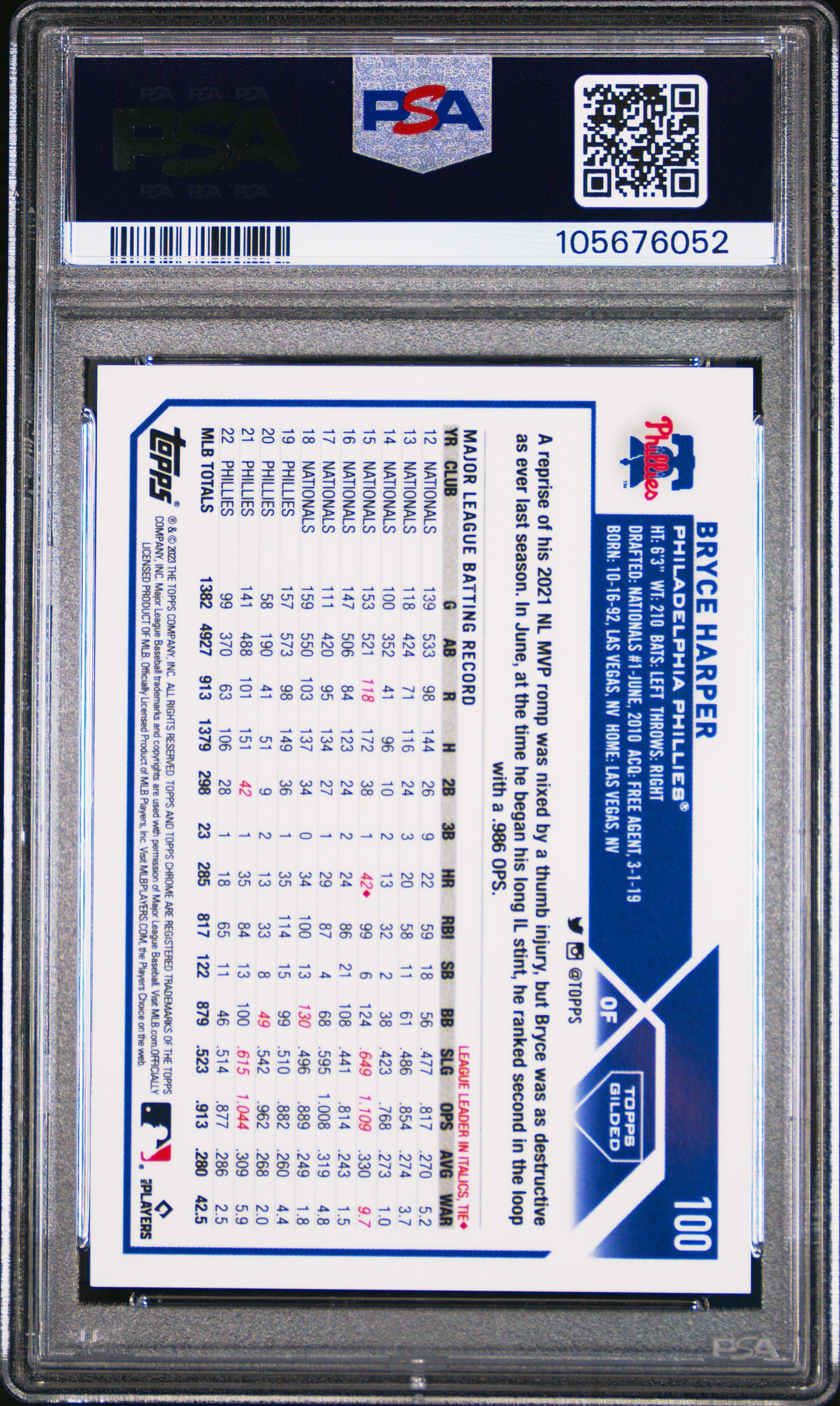 2023 Topps Gilded Collection #100 Bryce Harper Wave Gold Etch /75 PSA 10