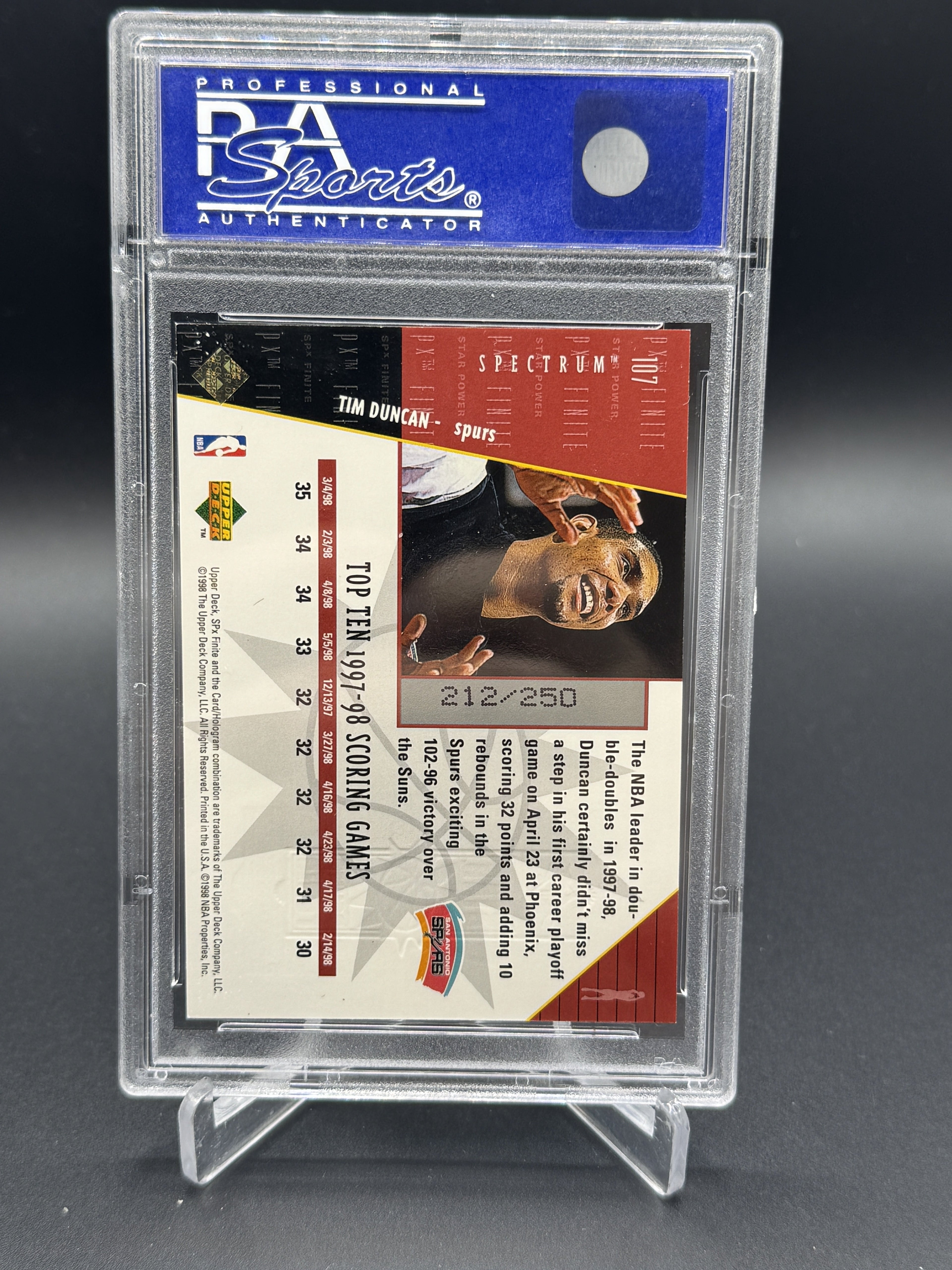 1998 SPx Finite #107 Tim Duncan Spectrum /250 PSA 8