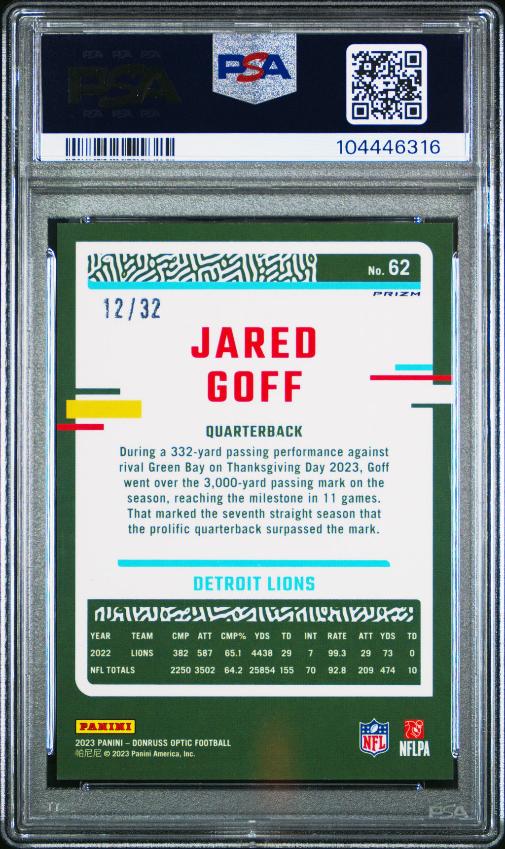 2023 Donruss Optic #62 Jared Goff Shield /32 PSA 10